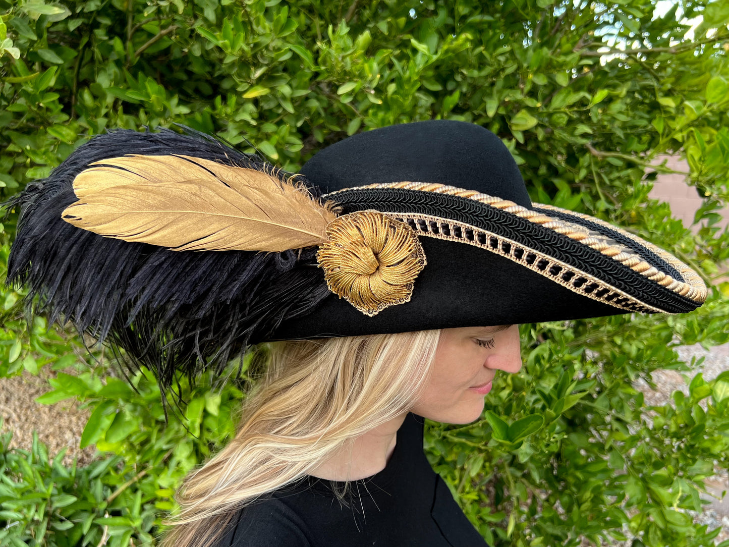 Cavalier Hat 21.75" Black Wool Base with Gold Trim, Feathers, and Gold Brooch