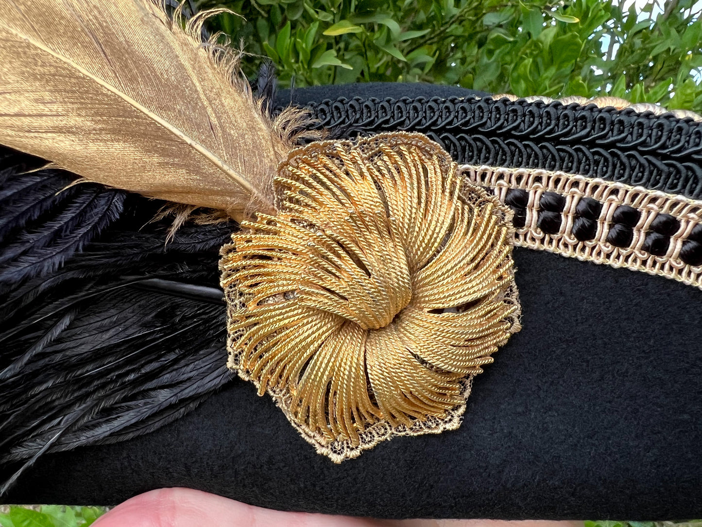 Cavalier Hat 21.75" Black Wool Base with Gold Trim, Feathers, and Gold Brooch