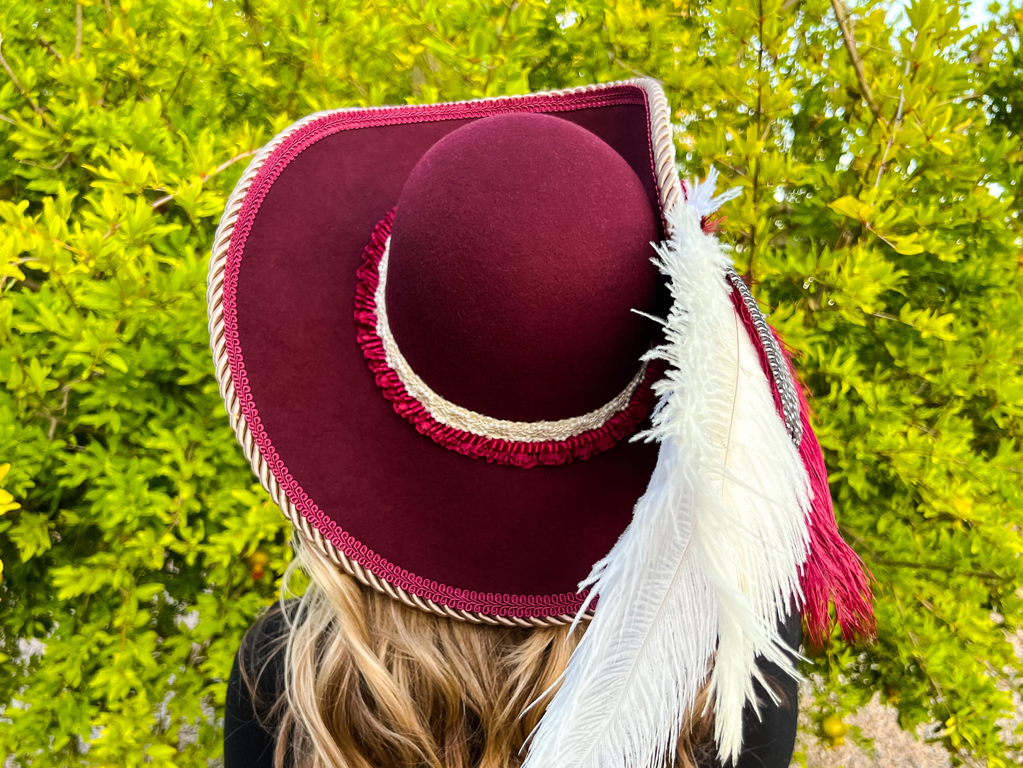 Cavalier Hat 21.75" Maroon Wool Base with Cream Trim, Feathers, and Brooch