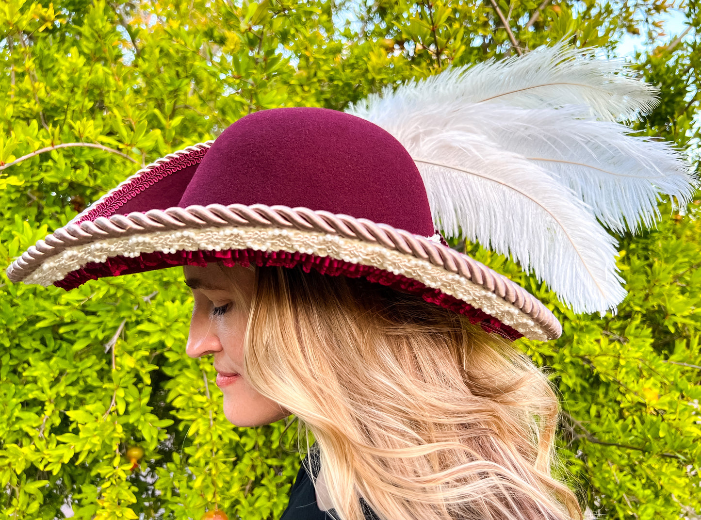 Cavalier Hat 21.75" Maroon Wool Base with Cream Trim, Feathers, and Brooch