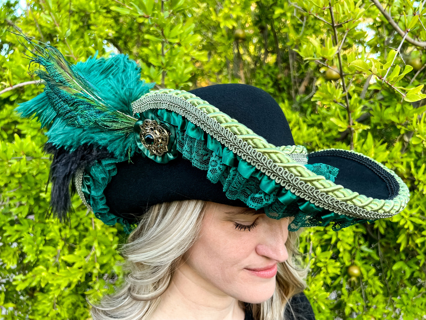 Cavalier Hat 21.75" Black Wool Base with Emerald Green Trim, Feathers, and Brooch