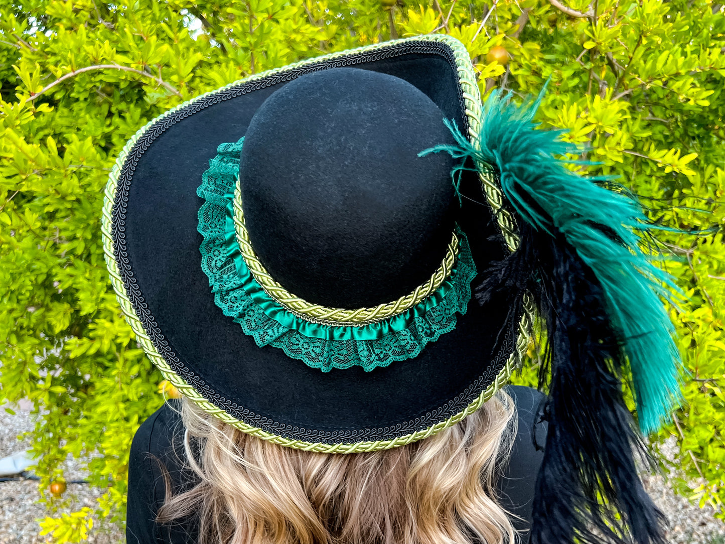 Cavalier Hat 21.75" Black Wool Base with Emerald Green Trim, Feathers, and Brooch