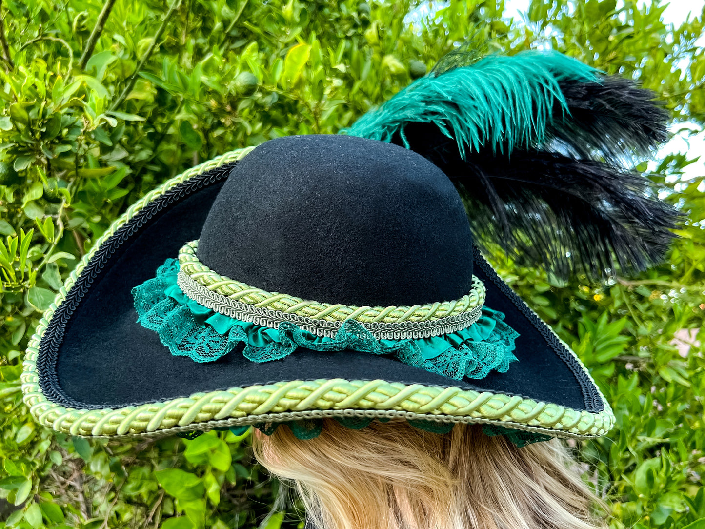 Cavalier Hat 21.75" Black Wool Base with Emerald Green Trim, Feathers, and Brooch