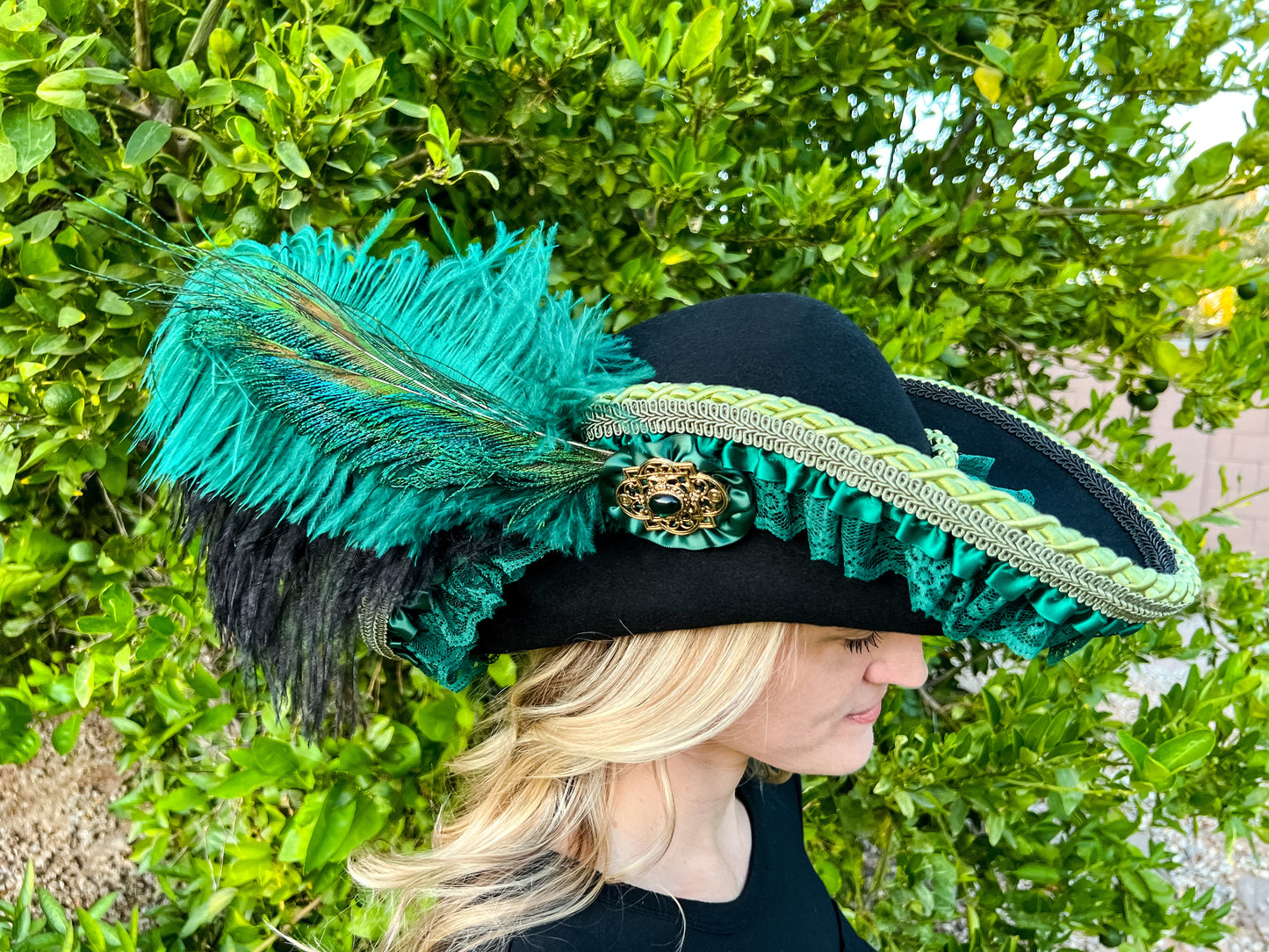 Cavalier Hat 21.75" Black Wool Base with Emerald Green Trim, Feathers, and Brooch