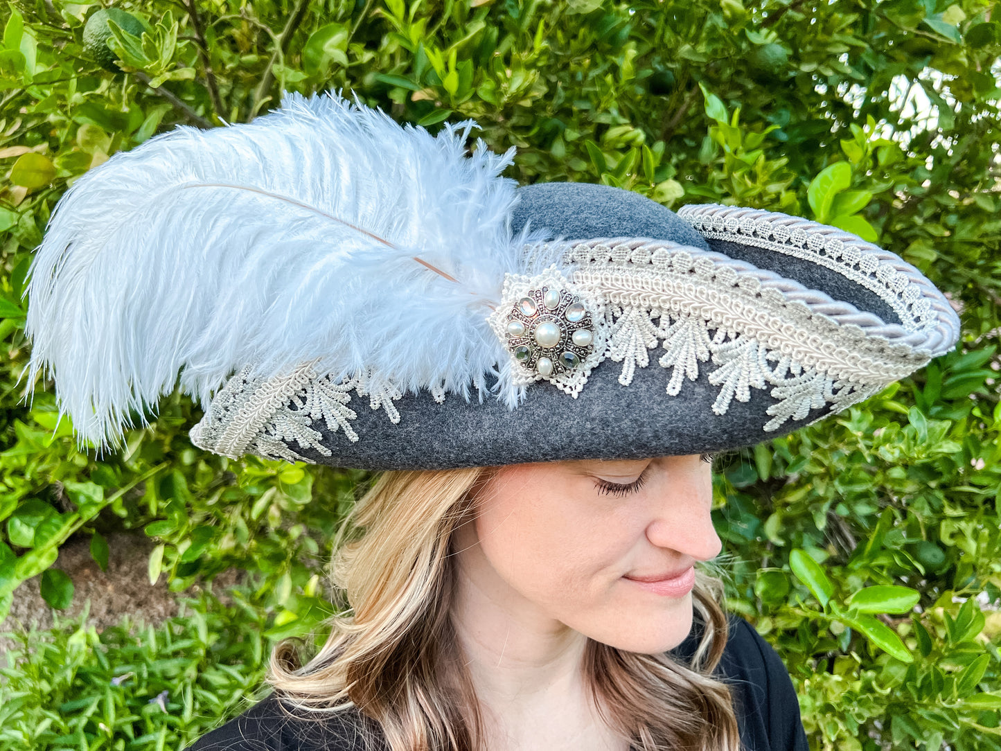 Tricorn Hat 22" Grey Wool Base with Silver Trim, Feathers, and Rhinestone Brooch