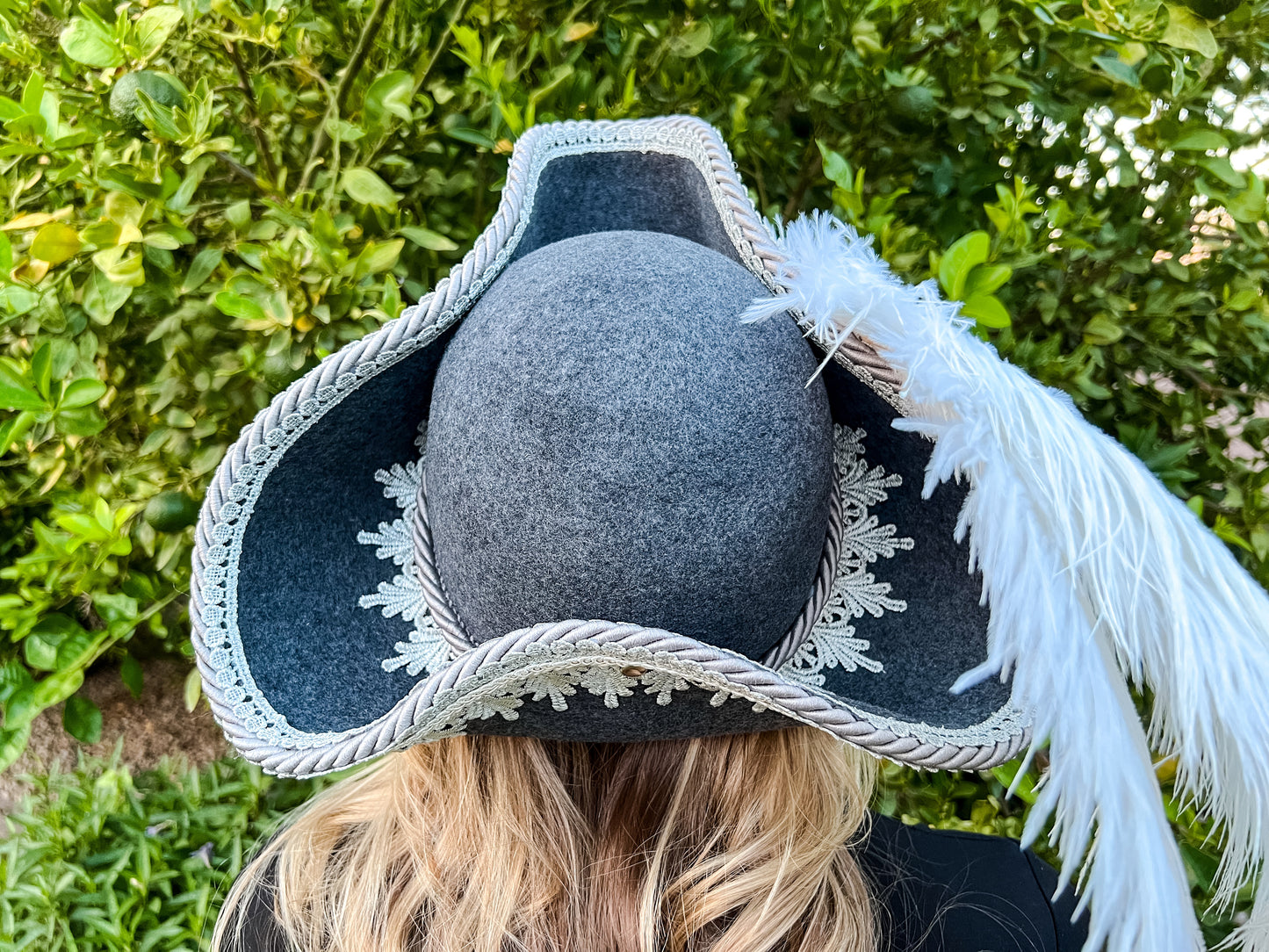 Tricorn Hat 22" Grey Wool Base with Silver Trim, Feathers, and Rhinestone Brooch