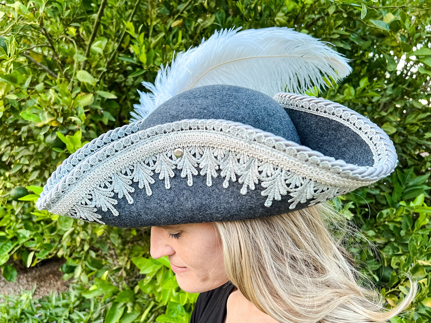 Tricorn Hat 22" Grey Wool Base with Silver Trim, Feathers, and Rhinestone Brooch