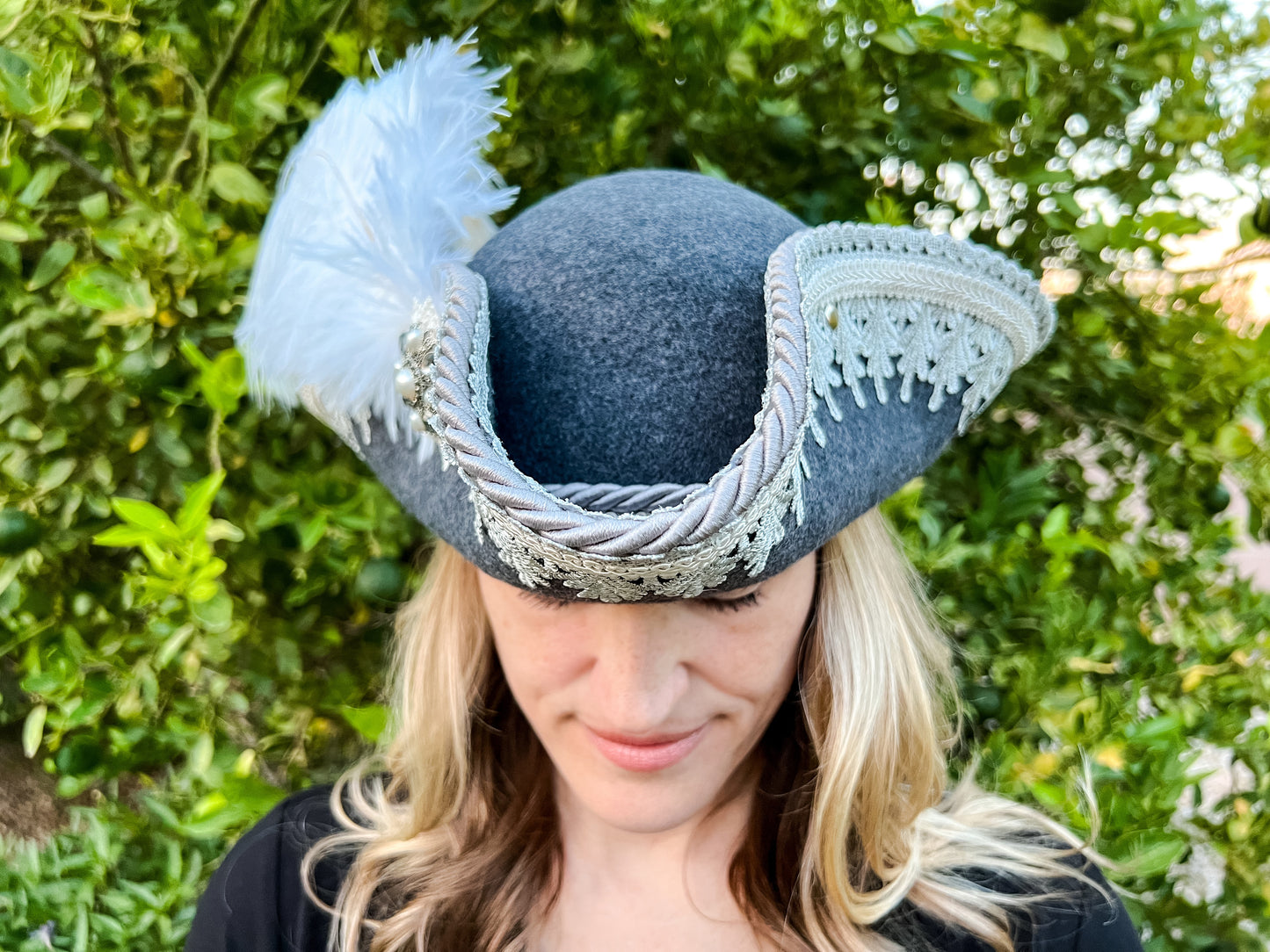 Tricorn Hat 22" Grey Wool Base with Silver Trim, Feathers, and Rhinestone Brooch