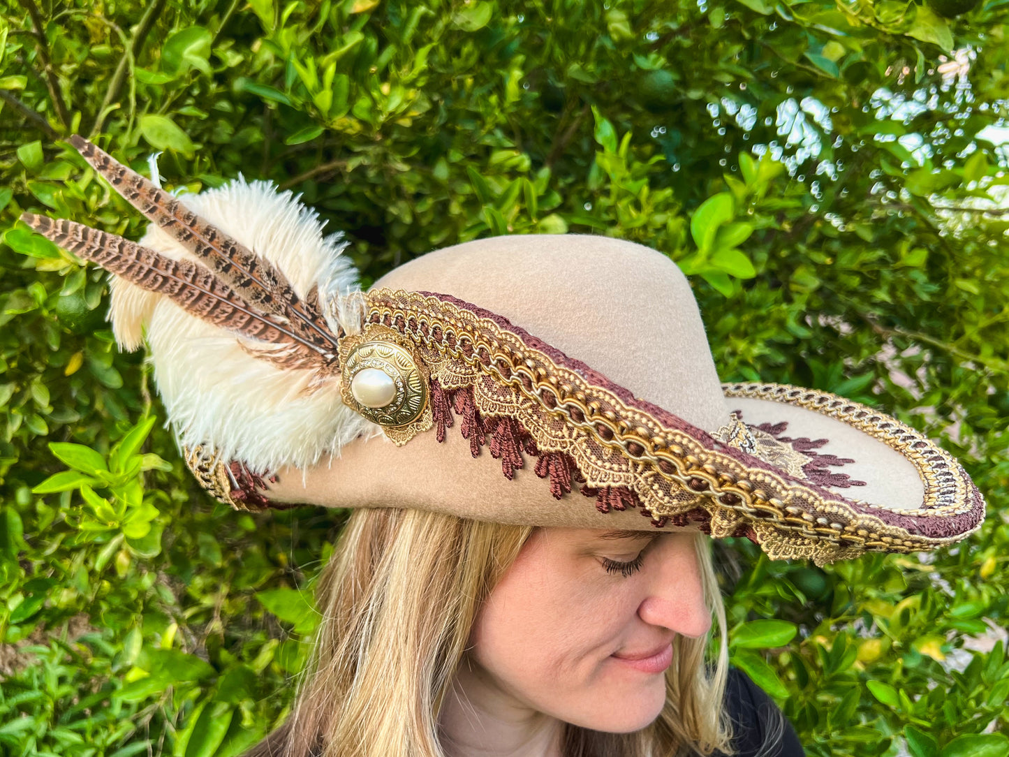 Cavalier Hat 21.75" Tan Wool Base with Brown Trim, Feathers, and Pearl Brooch