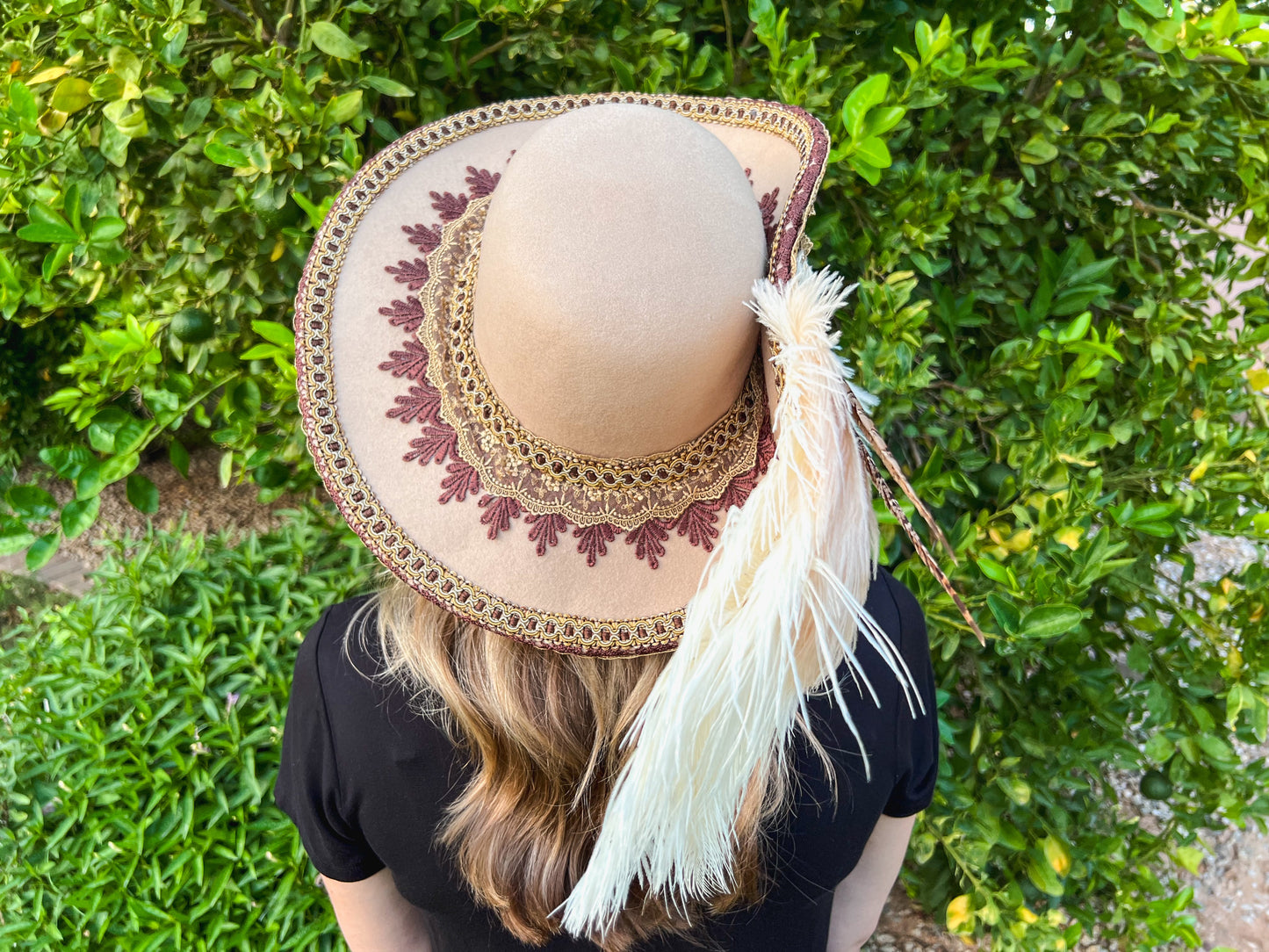 Cavalier Hat 21.75" Tan Wool Base with Brown Trim, Feathers, and Pearl Brooch