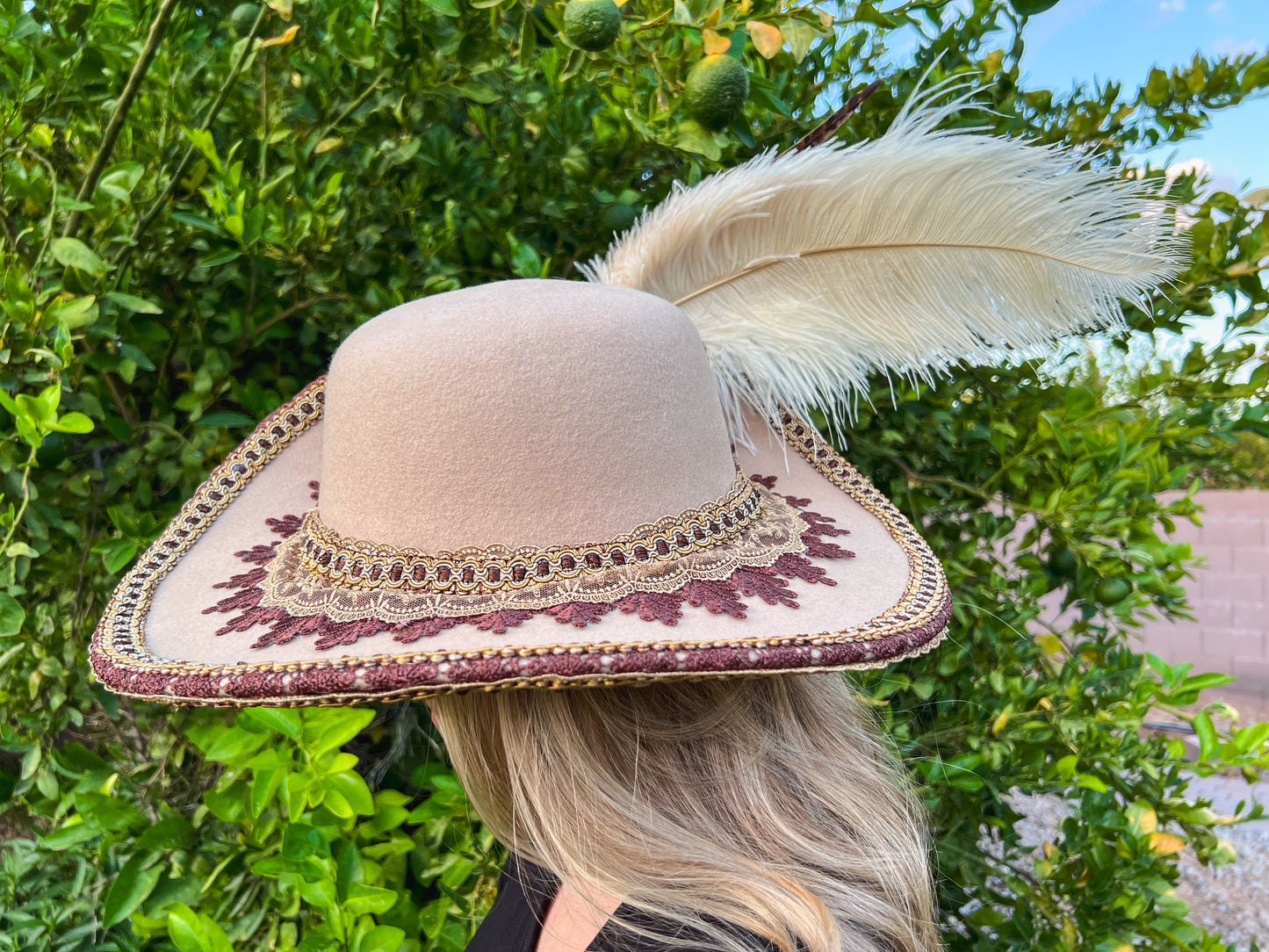 Cavalier Hat 21.75" Tan Wool Base with Brown Trim, Feathers, and Pearl Brooch