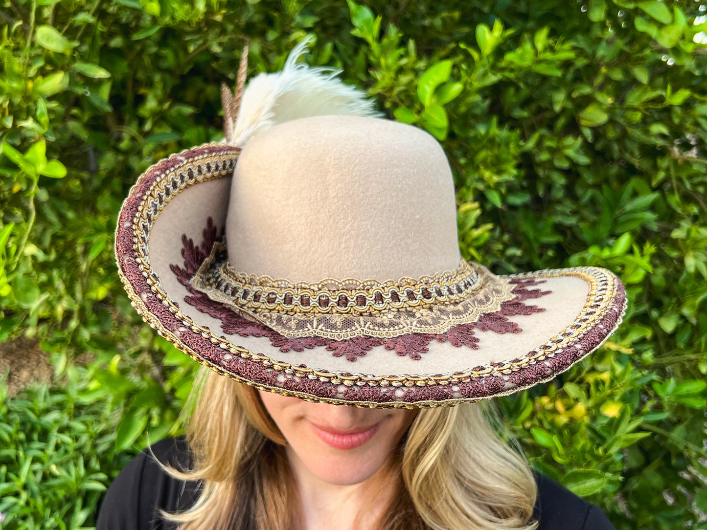 Cavalier Hat 21.75" Tan Wool Base with Brown Trim, Feathers, and Pearl Brooch