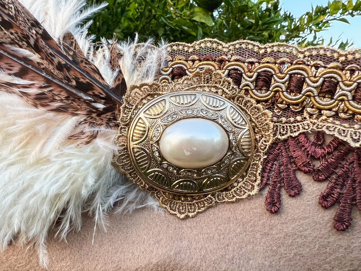 Cavalier Hat 21.75" Tan Wool Base with Brown Trim, Feathers, and Pearl Brooch