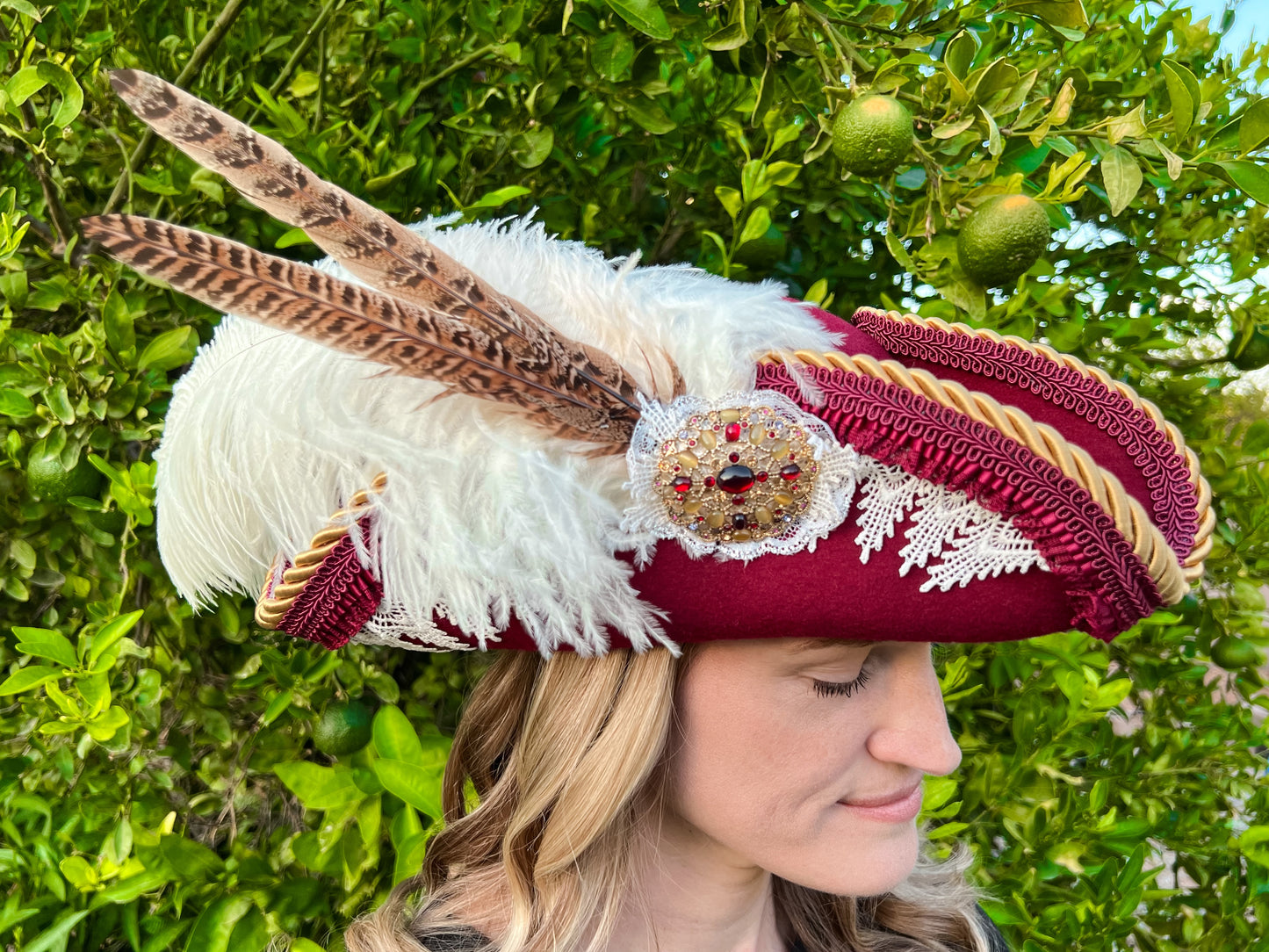 Tricorn Hat 21.75 Maroon Wool Base with Gold Trim, White Feathers, and  Vintage Brooch