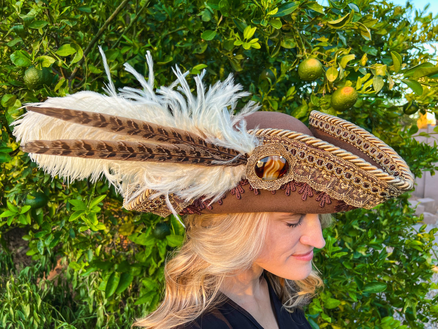 Tricorn Hat 22" Tan Wool Base with Brown/Gold Trim, Feathers, and Amber Brooch