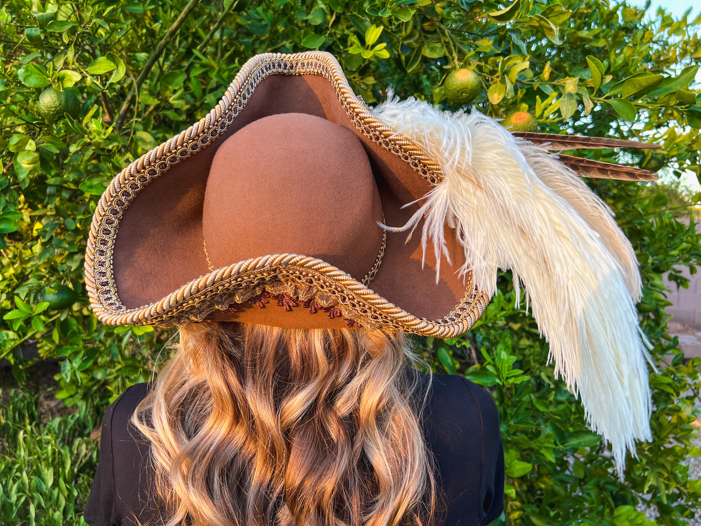 Tricorn Hat 22" Tan Wool Base with Brown/Gold Trim, Feathers, and Amber Brooch