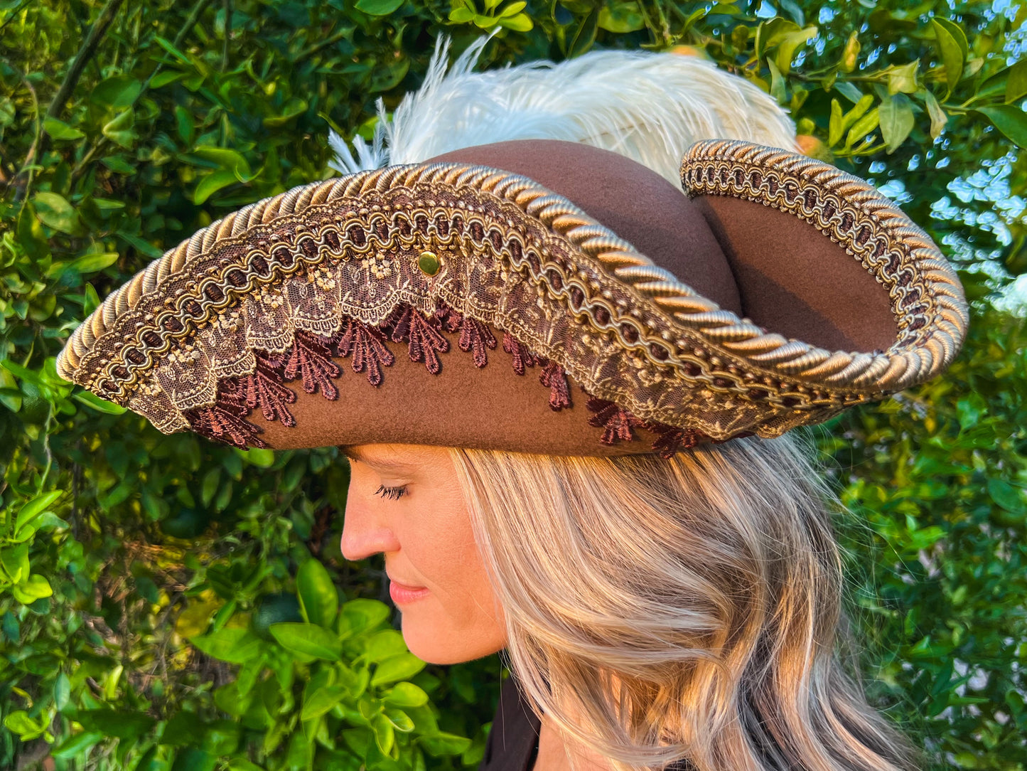 Tricorn Hat 22" Tan Wool Base with Brown/Gold Trim, Feathers, and Amber Brooch