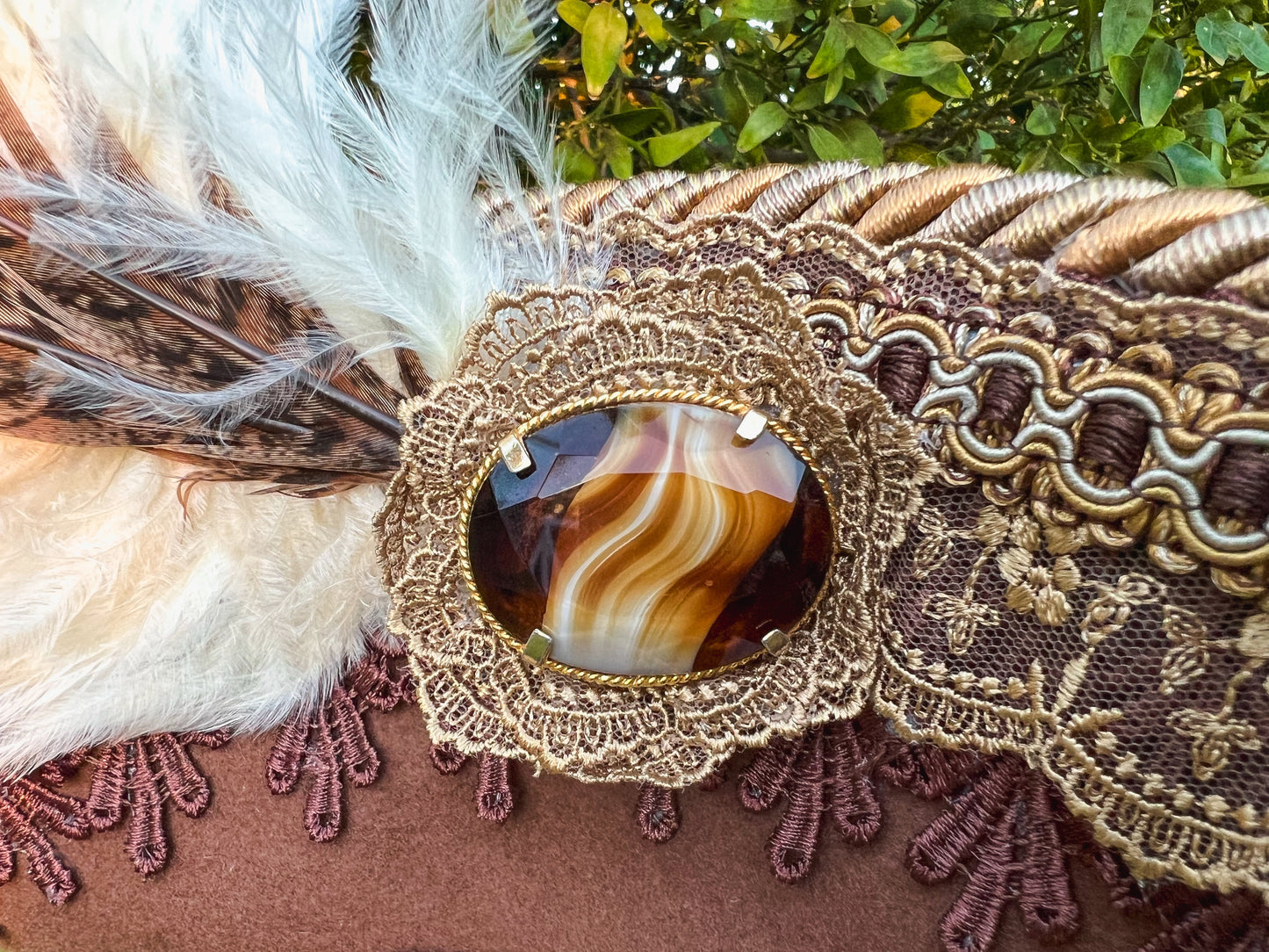 Tricorn Hat 22" Tan Wool Base with Brown/Gold Trim, Feathers, and Amber Brooch