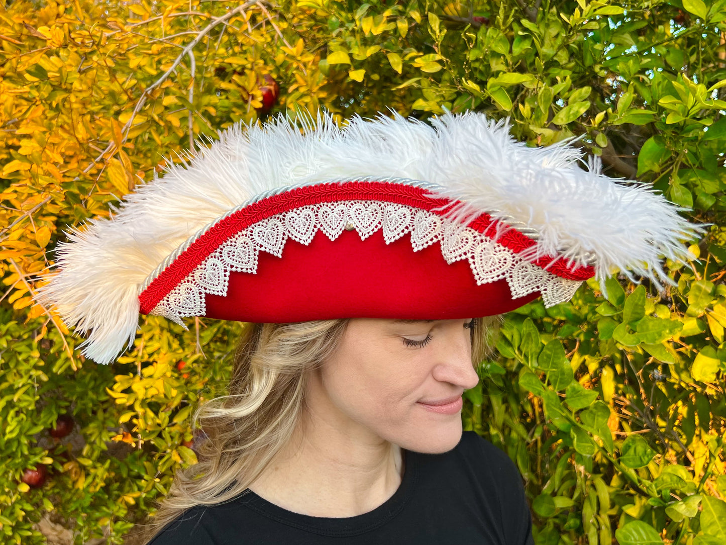 Tricorn Hat 22.5" Christmas Santa Red Wool Base with White Trim, and Feathers