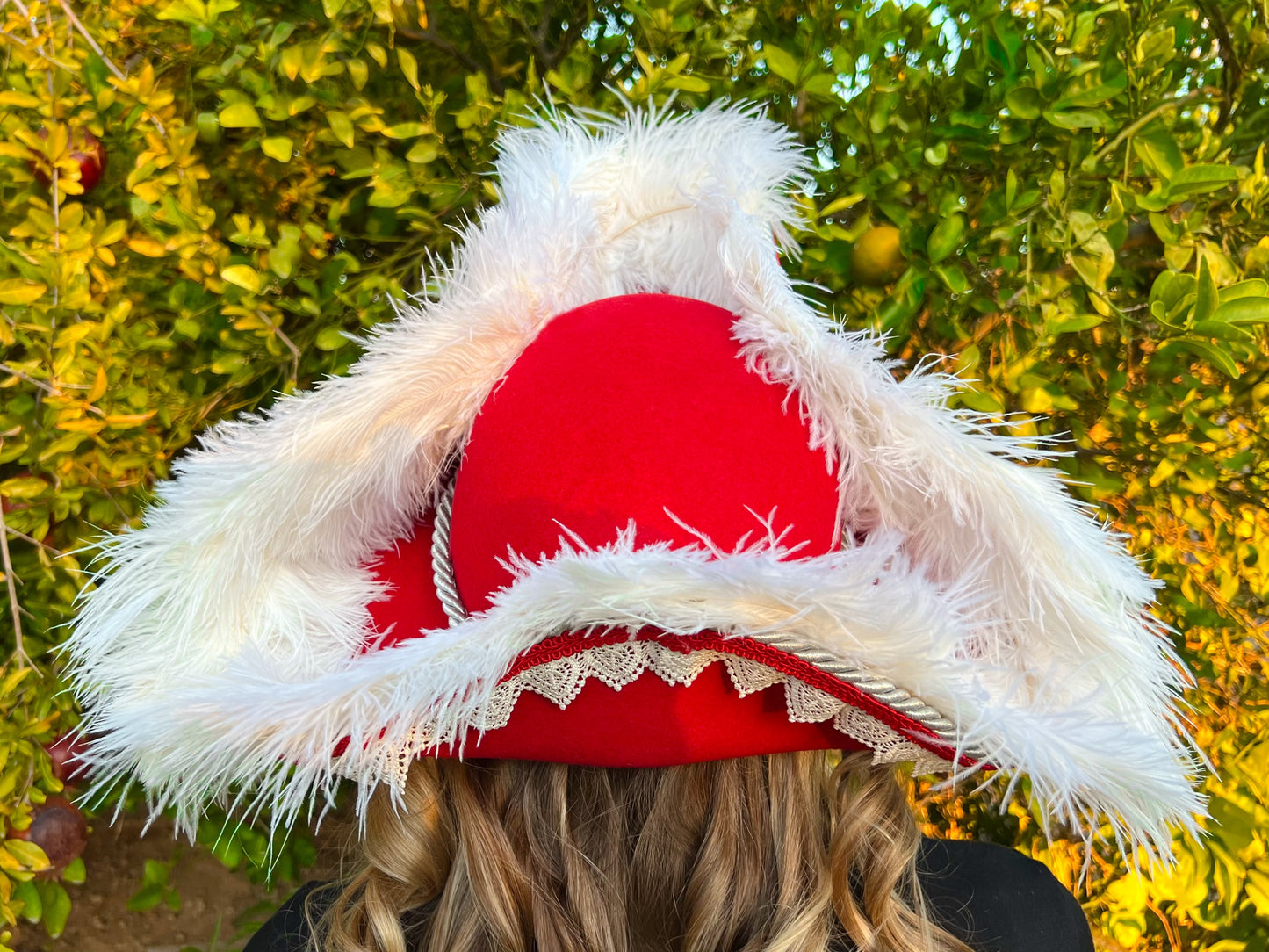 Tricorn Hat 22.5" Christmas Santa Red Wool Base with White Trim, and Feathers