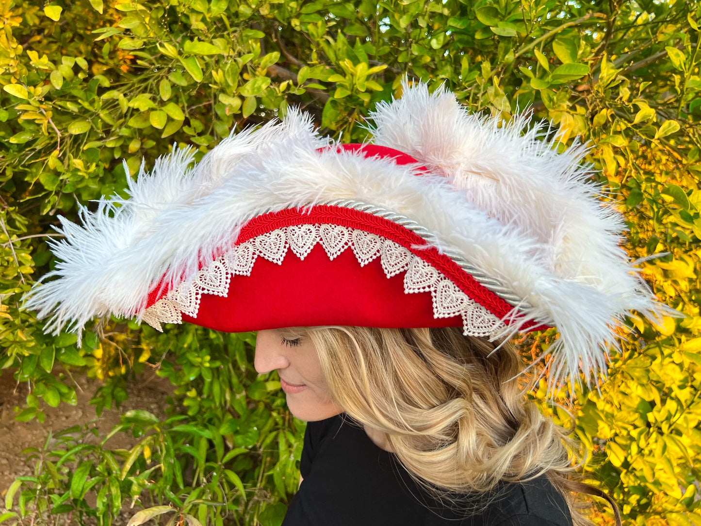 Tricorn Hat 22.5" Christmas Santa Red Wool Base with White Trim, and Feathers