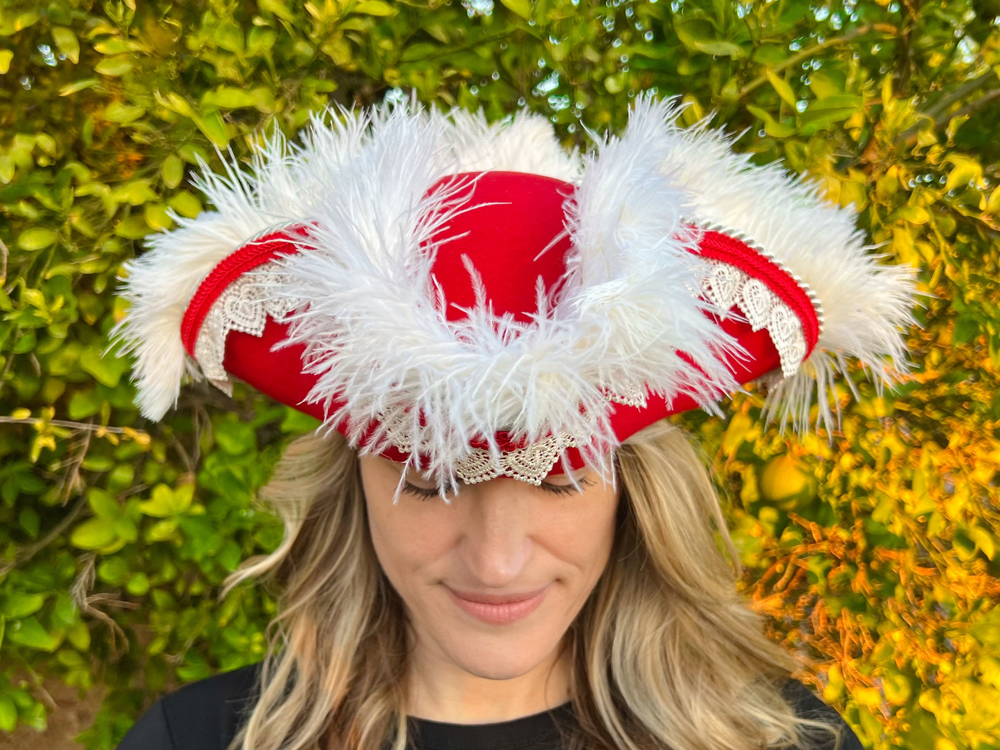 Tricorn Hat 22.5" Christmas Santa Red Wool Base with White Trim, and Feathers