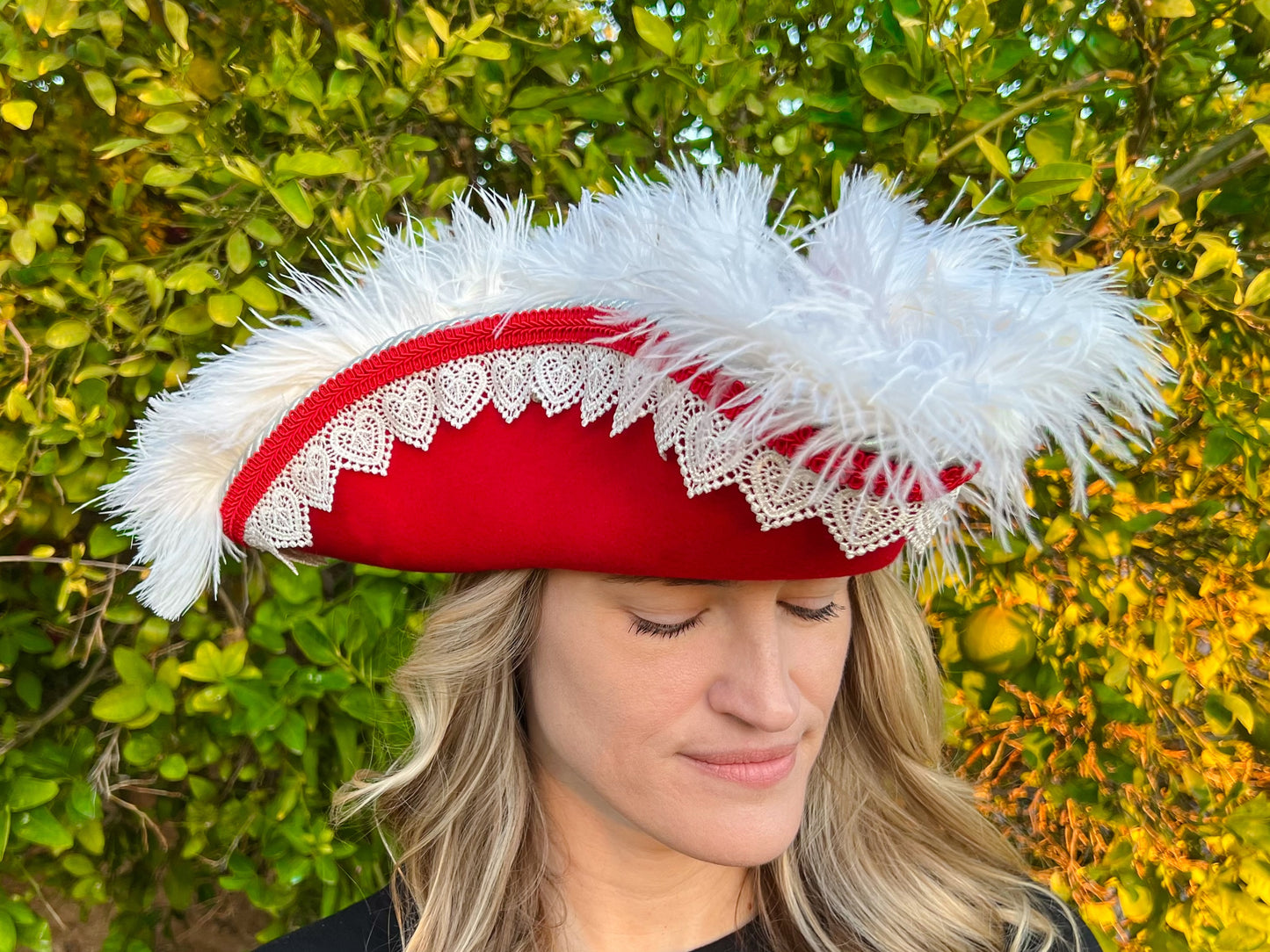 Tricorn Hat 22.5" Christmas Santa Red Wool Base with White Trim, and Feathers