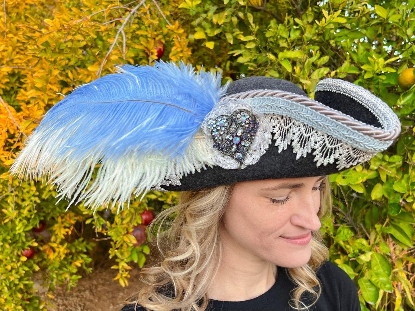 Tricorn Hat 22" Grey Wool Base with Blue Trim, Feathers, and Rhinestone Brooch