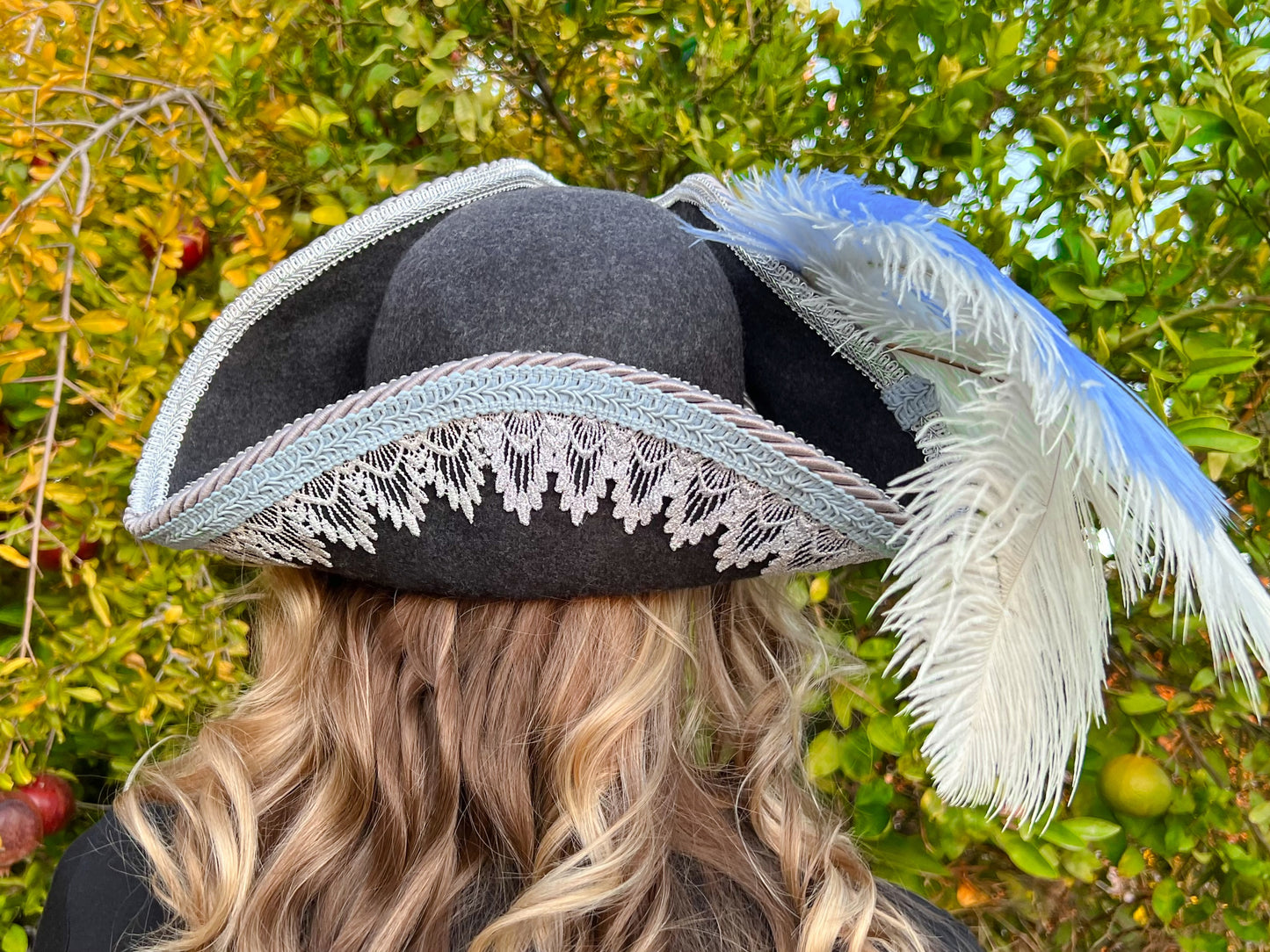 Tricorn Hat 22" Grey Wool Base with Blue Trim, Feathers, and Rhinestone Brooch