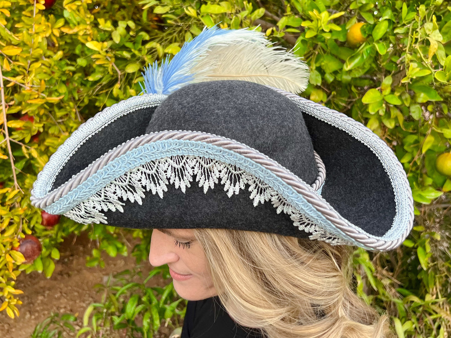 Tricorn Hat 22" Grey Wool Base with Blue Trim, Feathers, and Rhinestone Brooch