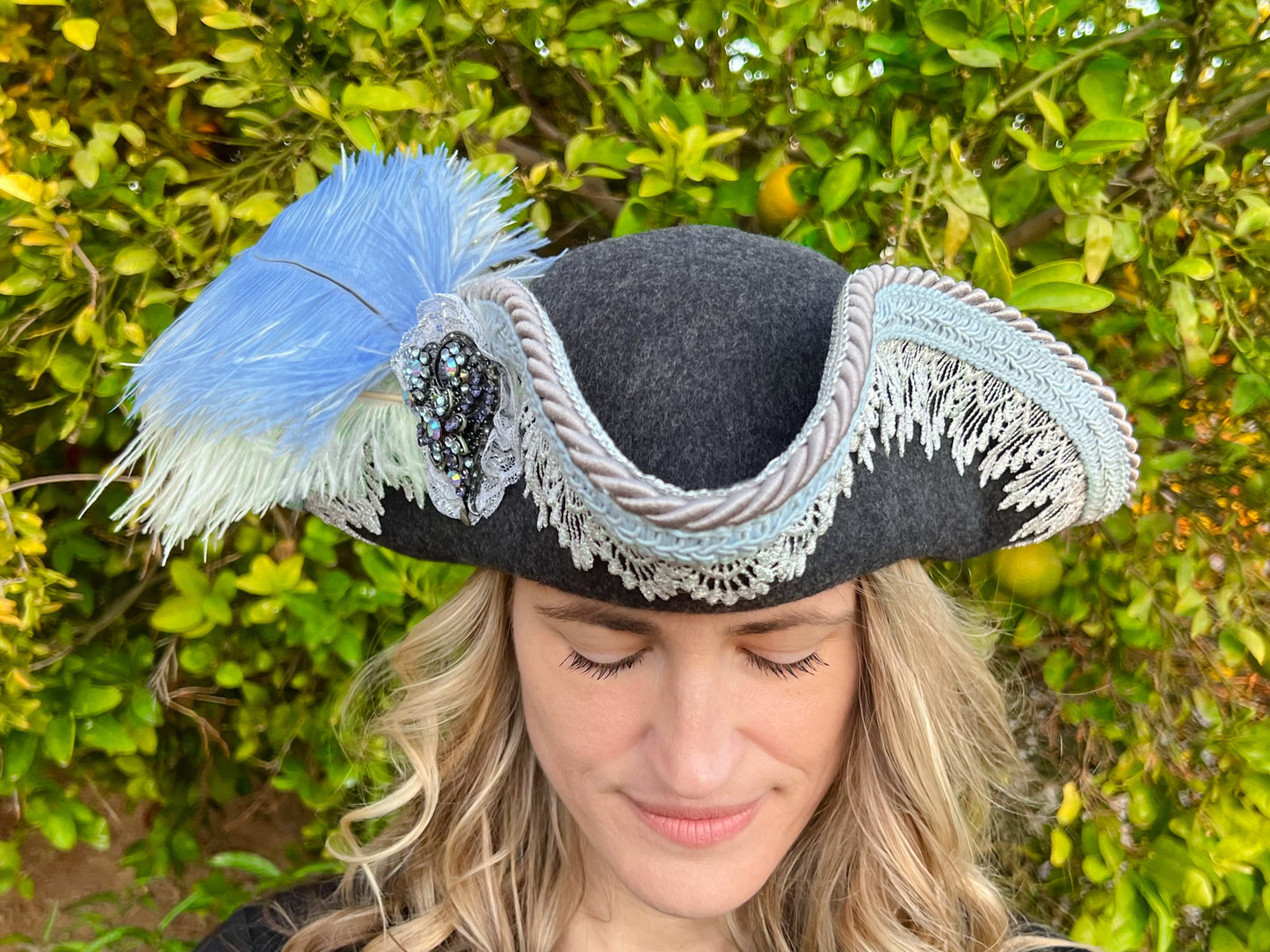 Tricorn Hat 22" Grey Wool Base with Blue Trim, Feathers, and Rhinestone Brooch