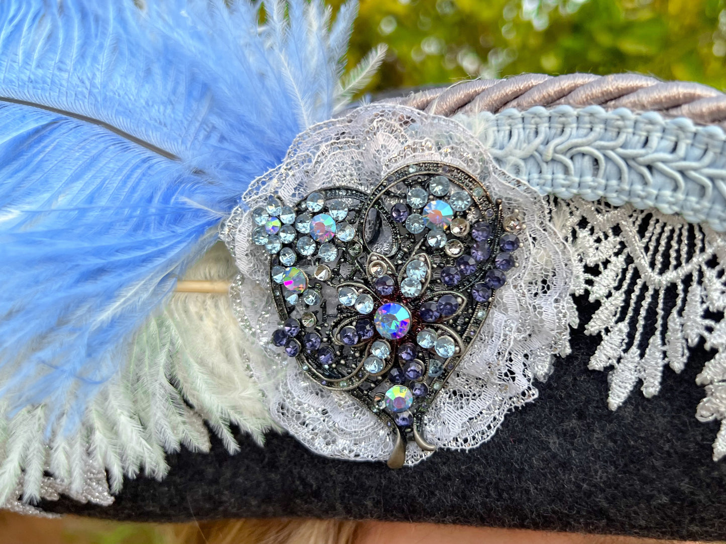 Tricorn Hat 22" Grey Wool Base with Blue Trim, Feathers, and Rhinestone Brooch