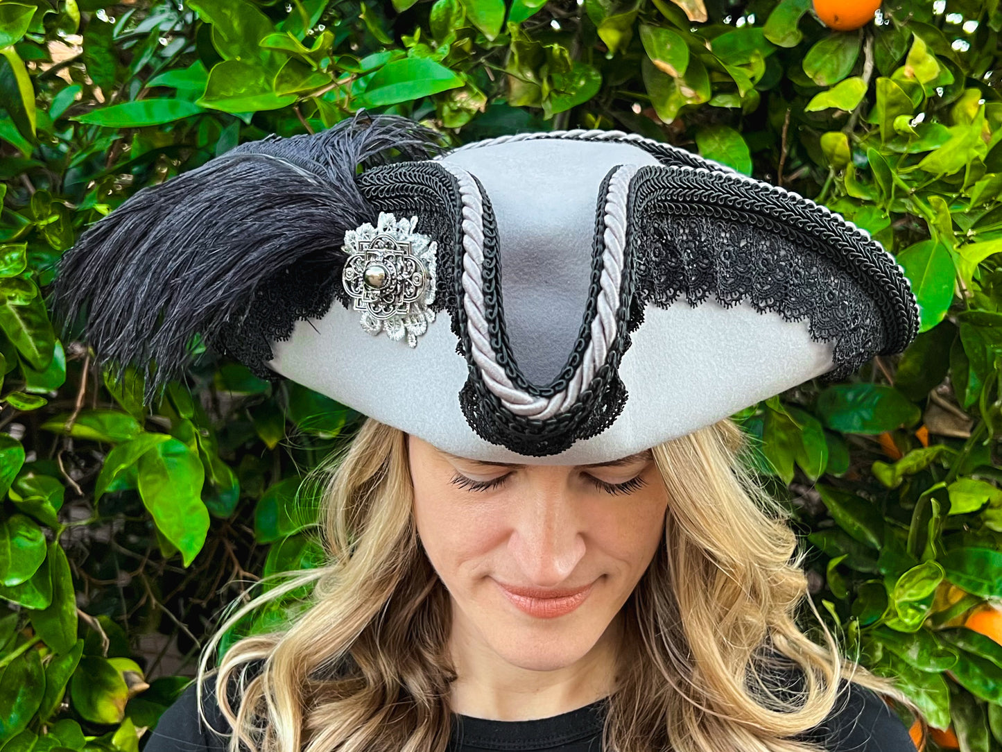 Tricorn Hat 21.25" Grey Wool Base with Black Trim, Feathers, and Silver Vintage Brooch