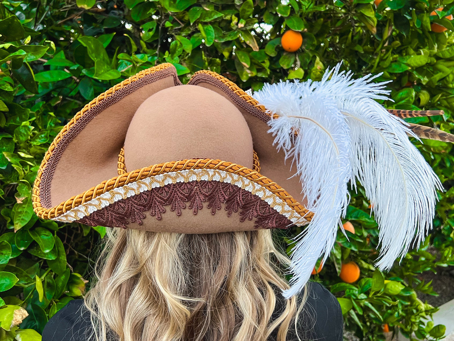 Tricorn Hat 22" Tan Wool Base with Brown Trim, Feathers, and Rhinestone Brooch