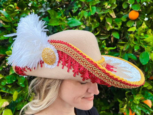 Cavalier Hat 22" Tan Wool Base with Red/Mustard Trim, Feathers, and Brooch