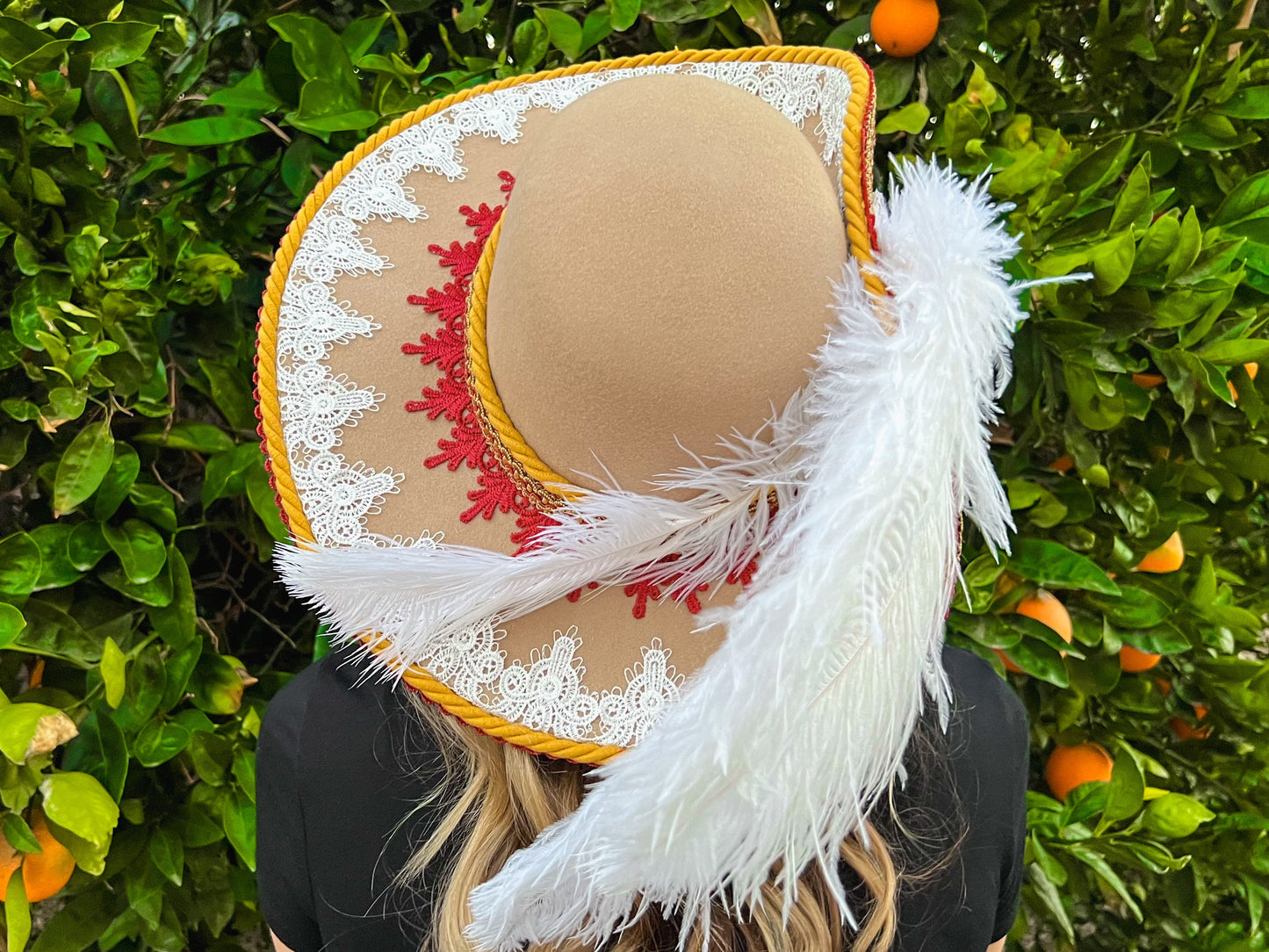 Cavalier Hat 22" Tan Wool Base with Red/Mustard Trim, Feathers, and Brooch