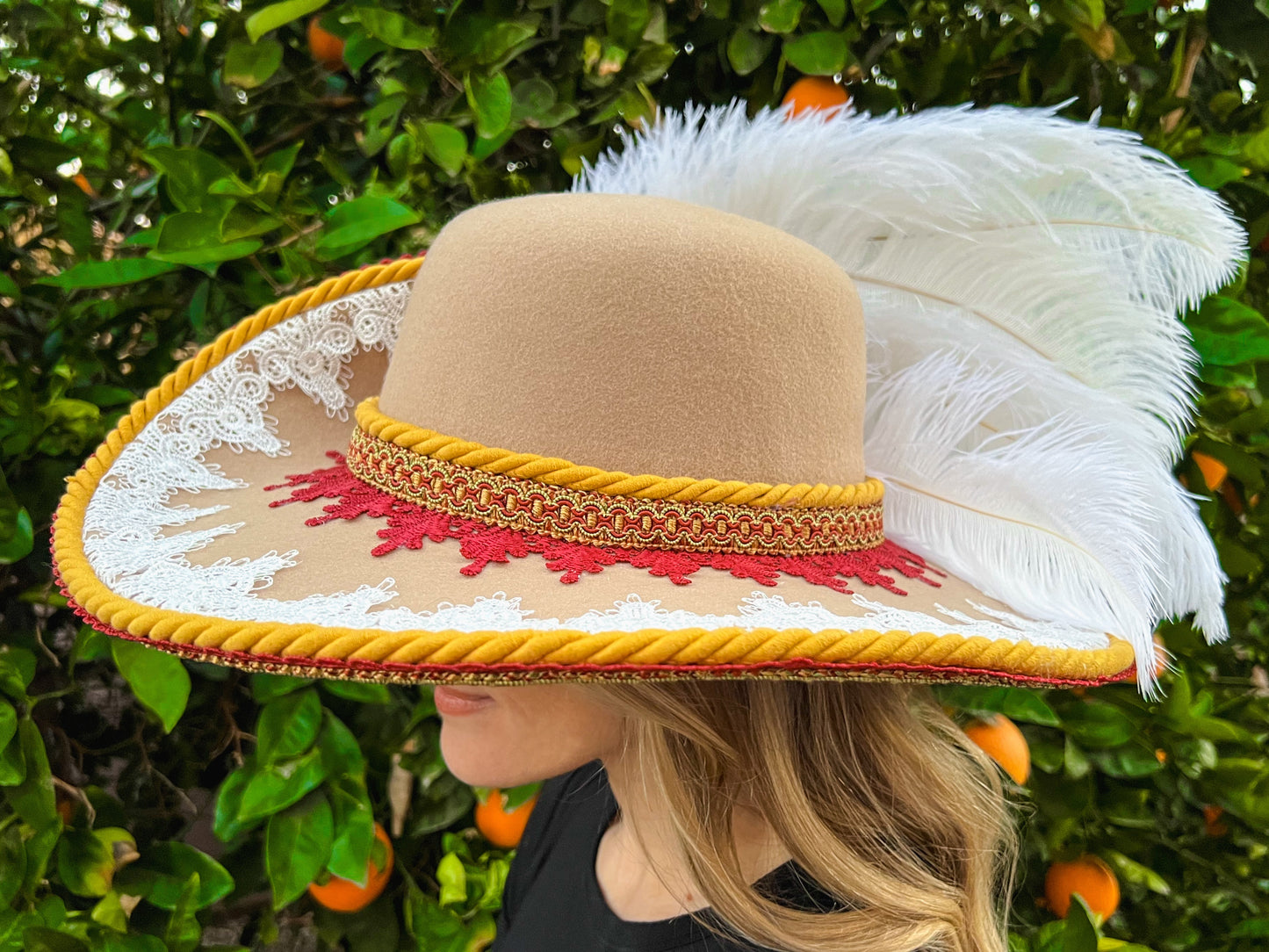 Cavalier Hat 22" Tan Wool Base with Red/Mustard Trim, Feathers, and Brooch