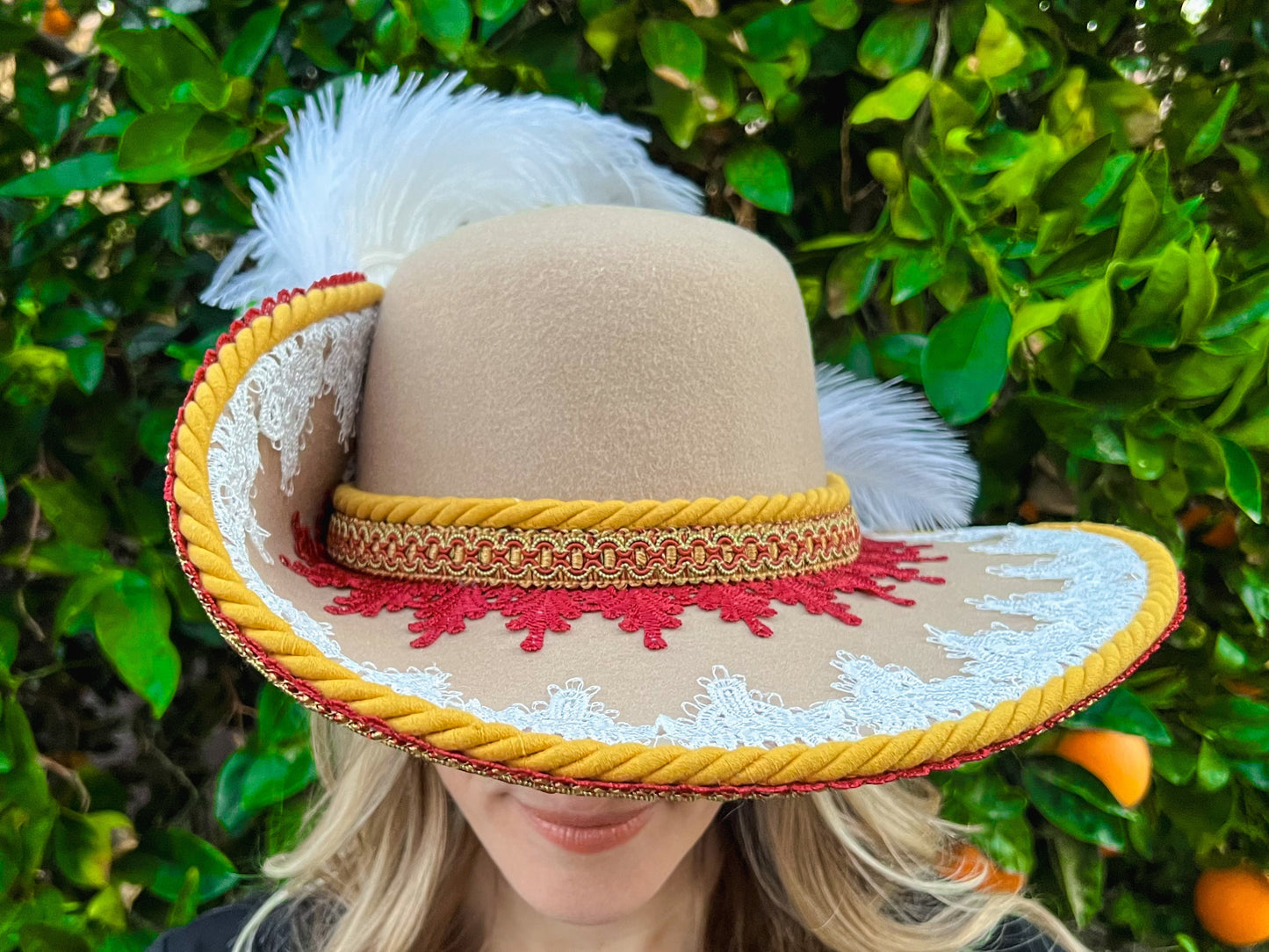 Cavalier Hat 22" Tan Wool Base with Red/Mustard Trim, Feathers, and Brooch