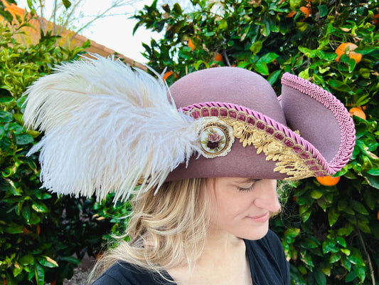 Tricorn Hat 22" Mauve Wool Base with Gold Trim, Feathers, and Flower Brooch