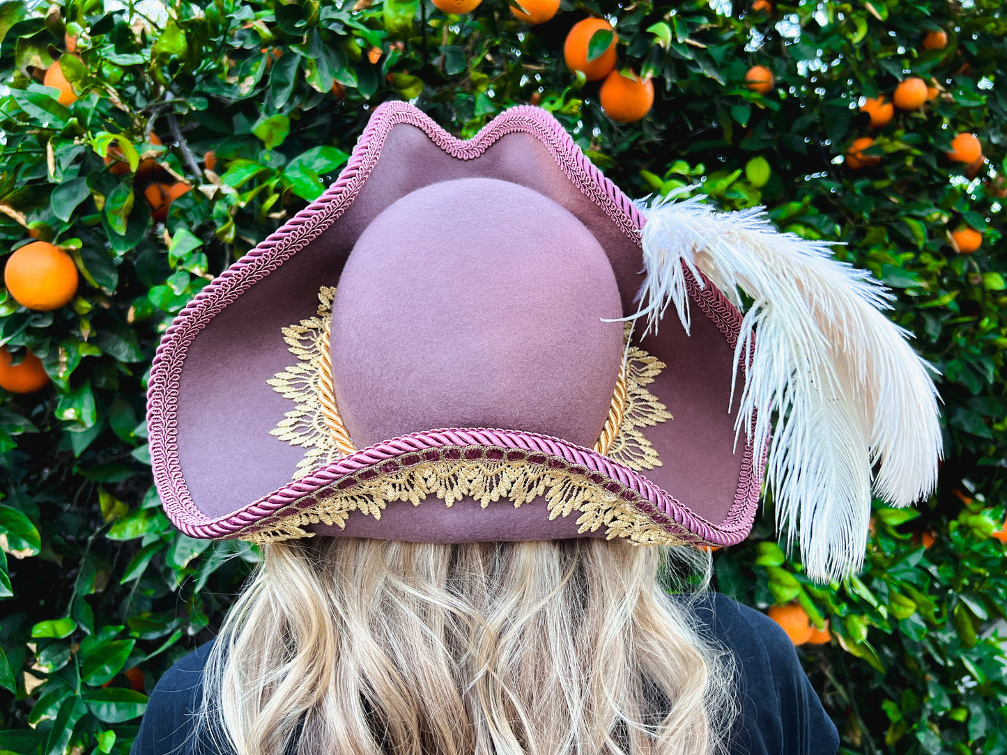 Tricorn Hat 22" Mauve Wool Base with Gold Trim, Feathers, and Flower Brooch