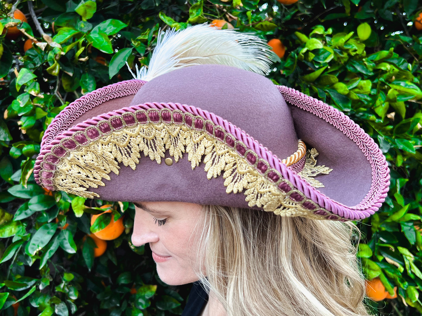 Tricorn Hat 22" Mauve Wool Base with Gold Trim, Feathers, and Flower Brooch