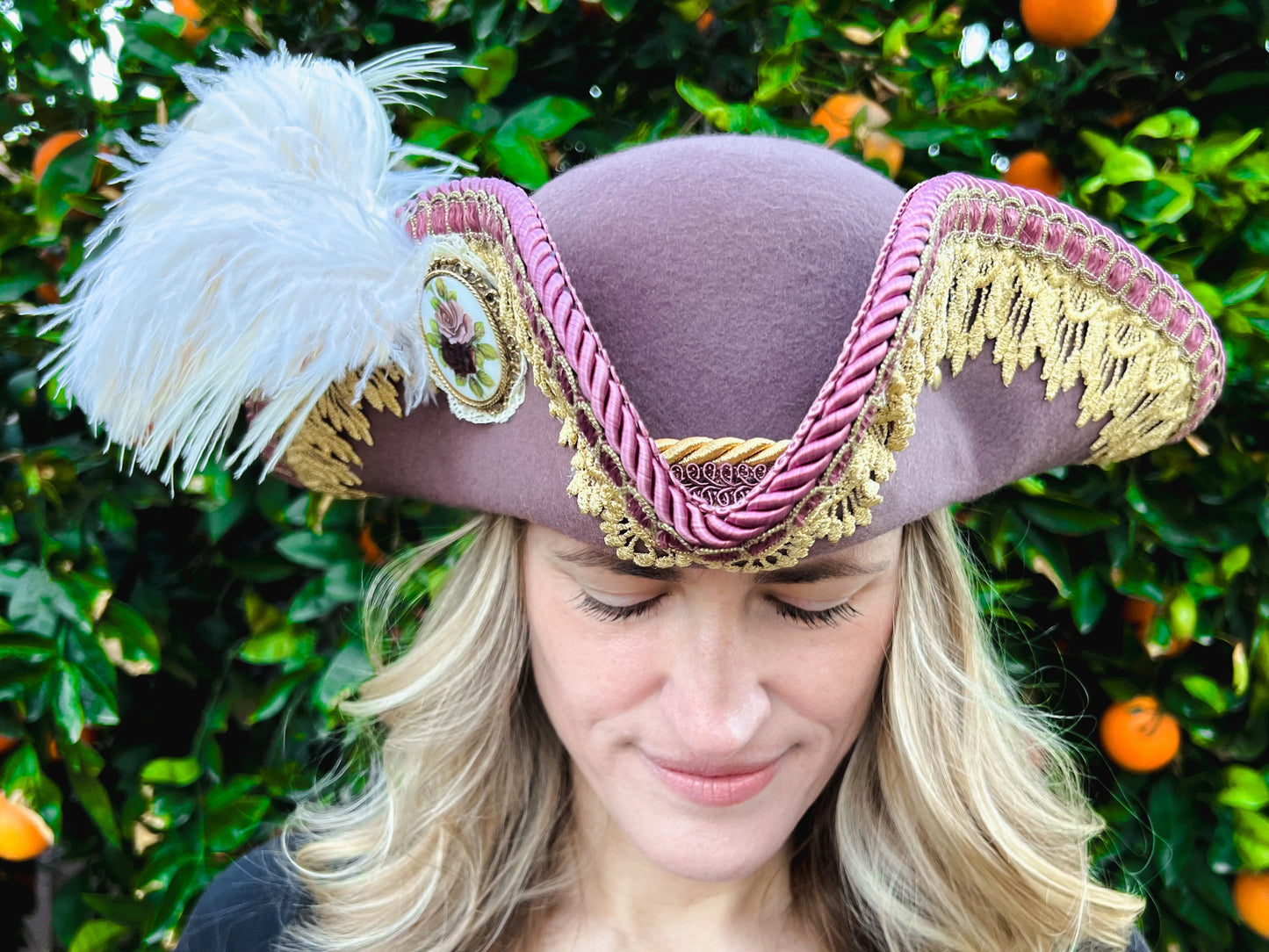 Tricorn Hat 22" Mauve Wool Base with Gold Trim, Feathers, and Flower Brooch