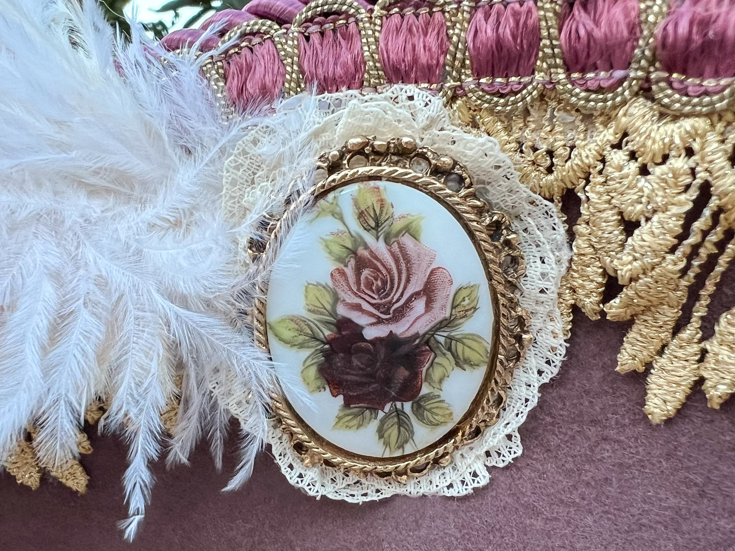 Tricorn Hat 22" Mauve Wool Base with Gold Trim, Feathers, and Flower Brooch