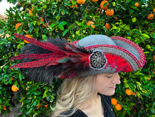 Tricorn Hat 22.5" Grey Wool Base with Red Trim, Feathers, and Rhinestone Brooch