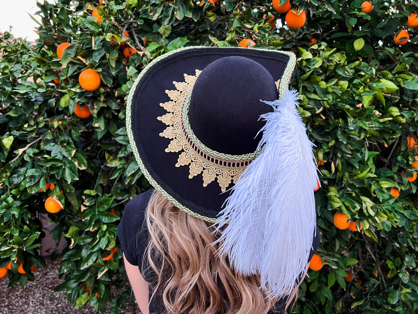 Cavalier Hat 22" Black Wool Base with Green/Gold Trim, Feathers, and Brooch