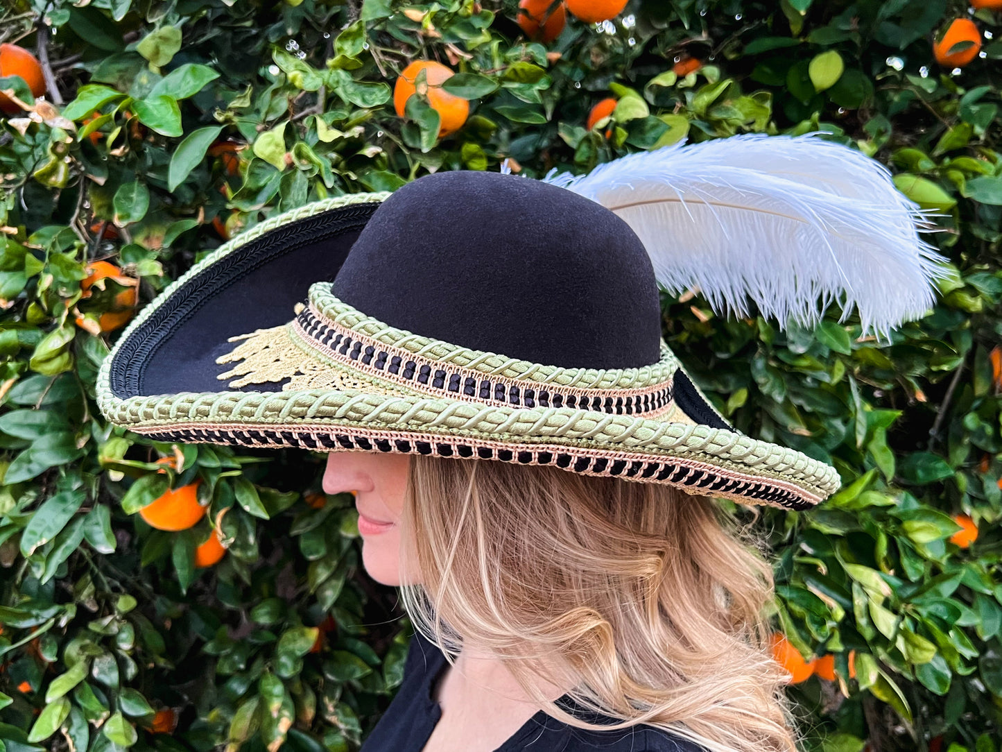 Cavalier Hat 22" Black Wool Base with Green/Gold Trim, Feathers, and Brooch