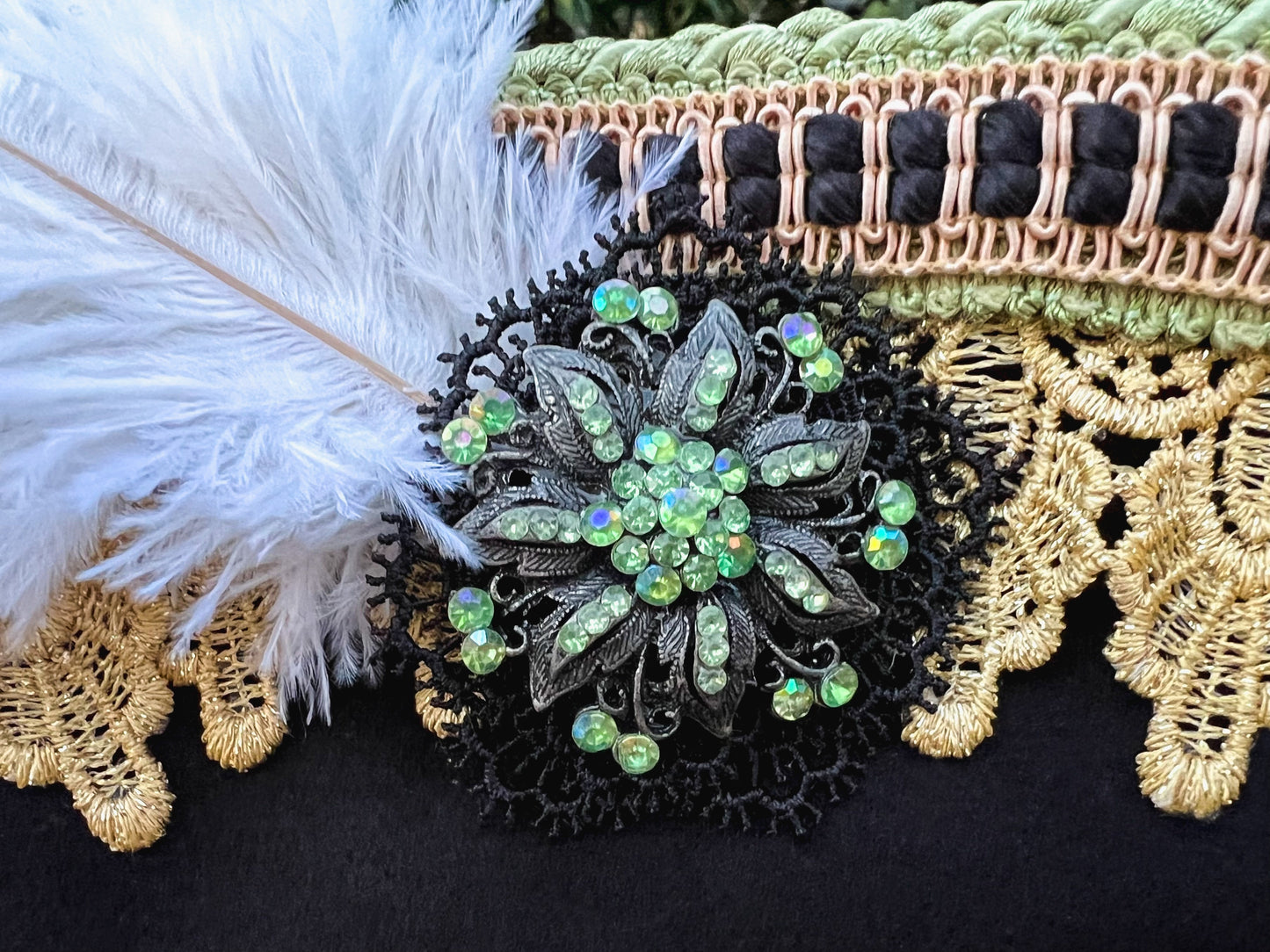 Cavalier Hat 22" Black Wool Base with Green/Gold Trim, Feathers, and Brooch