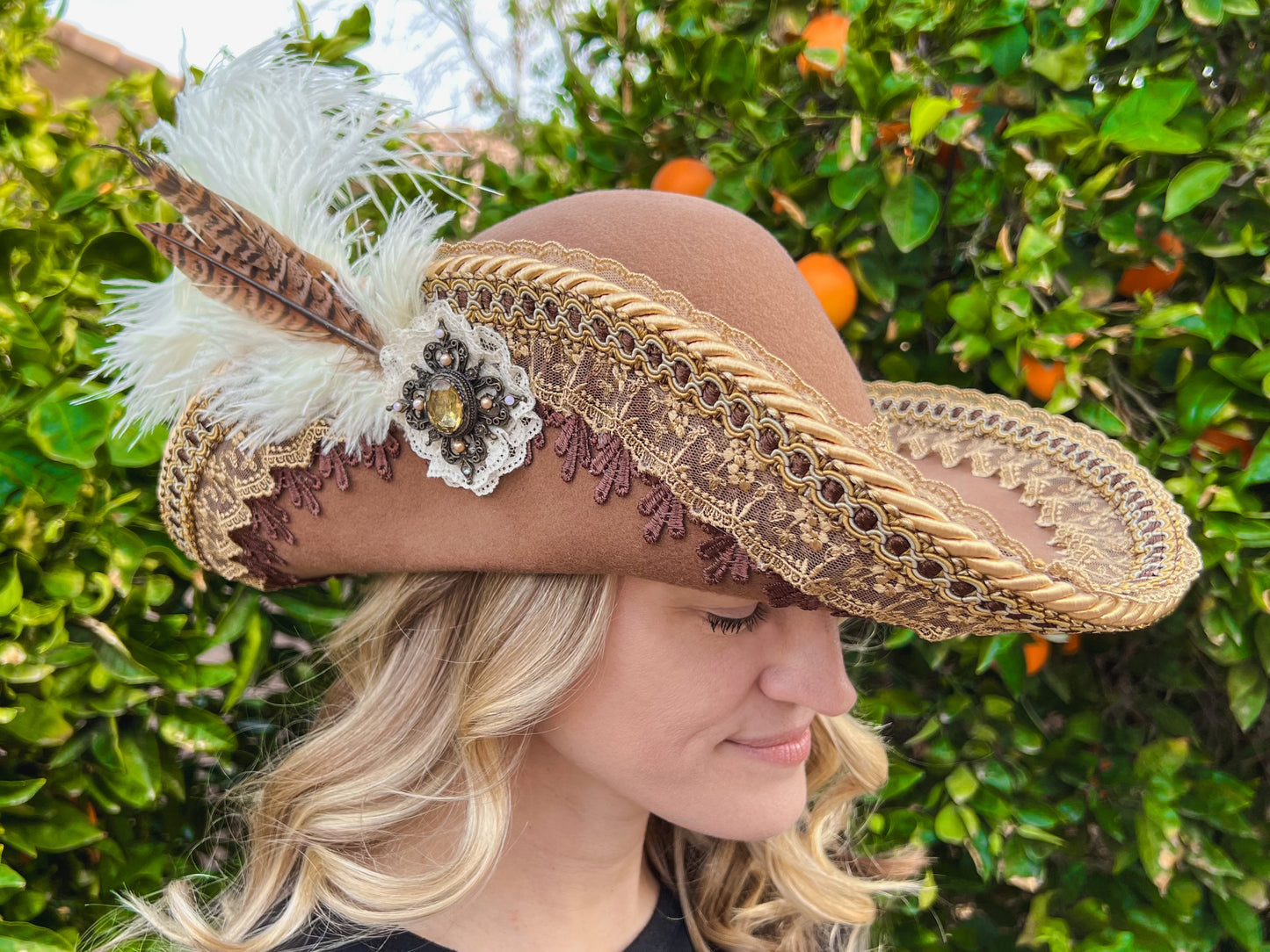 Cavalier Hat 22.5" Brown Wool Base with Gold Trim, Feathers, and Vintage Brooch