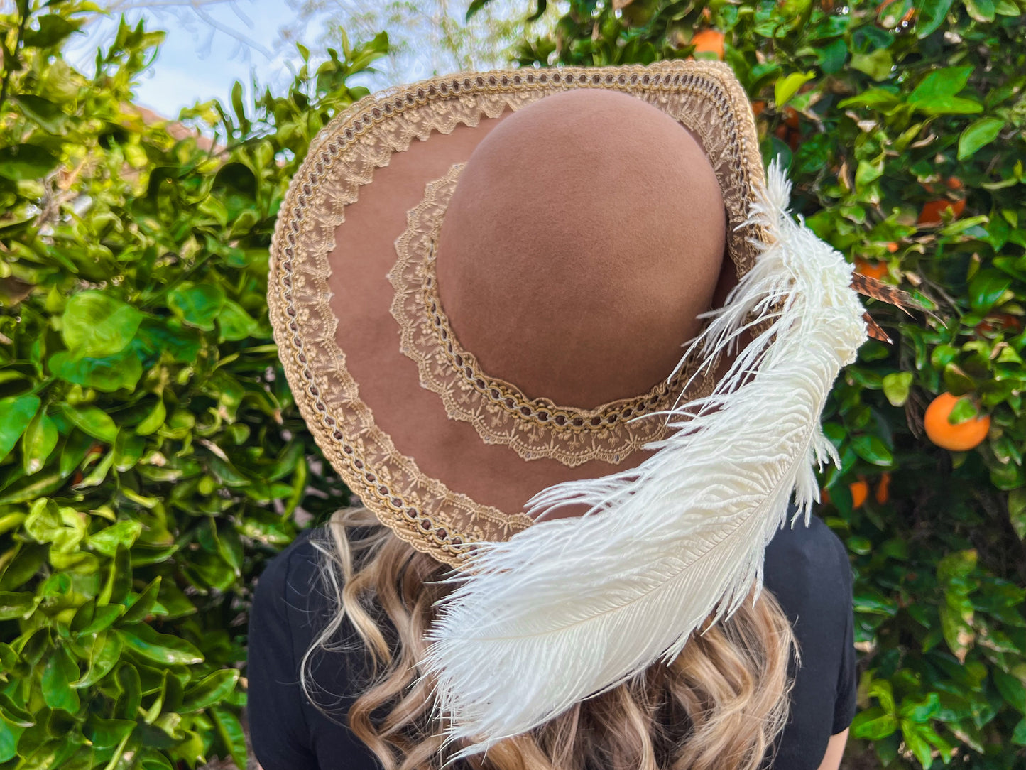 Cavalier Hat 22.5" Brown Wool Base with Gold Trim, Feathers, and Vintage Brooch