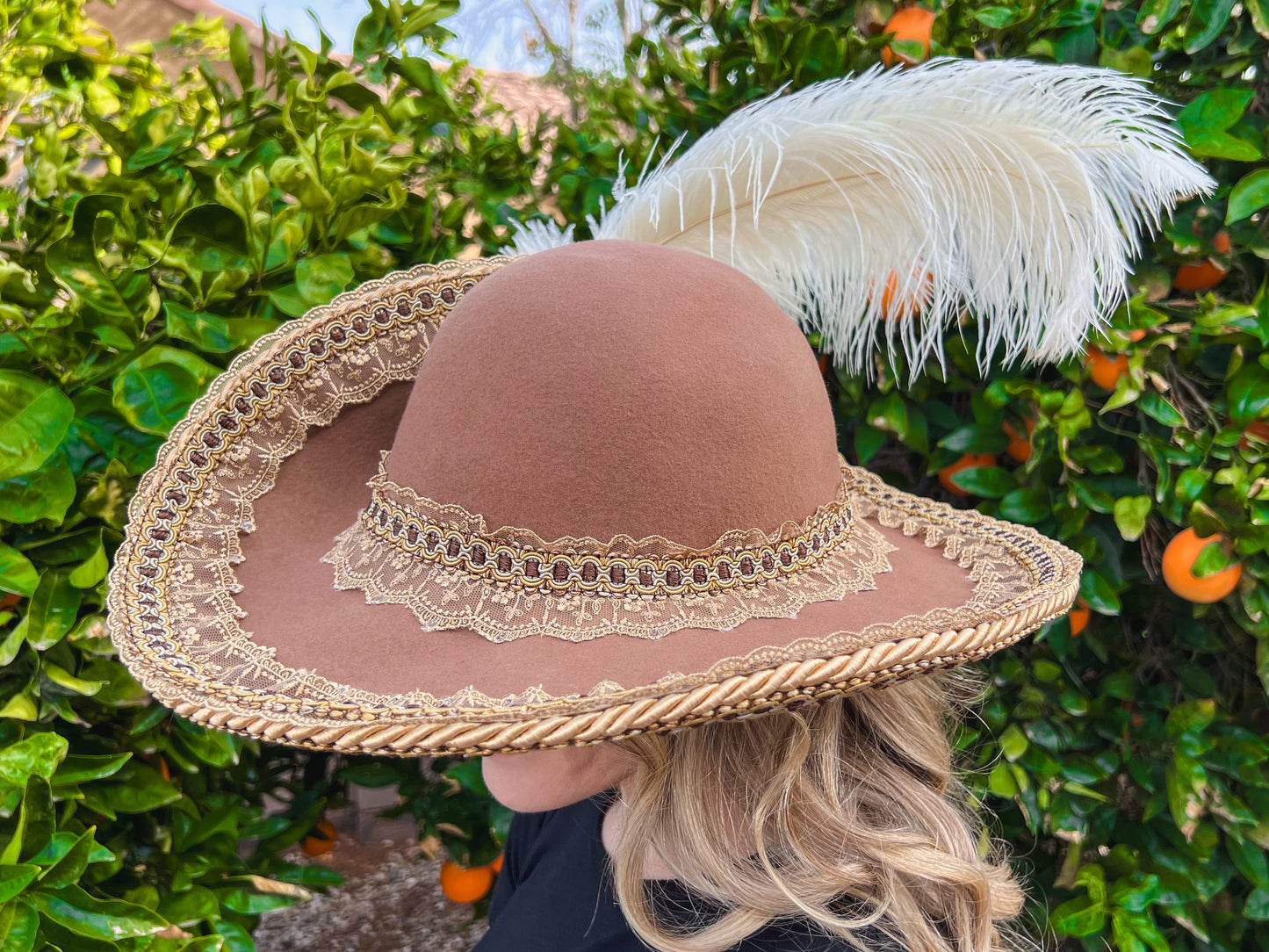 Cavalier Hat 22.5" Brown Wool Base with Gold Trim, Feathers, and Vintage Brooch